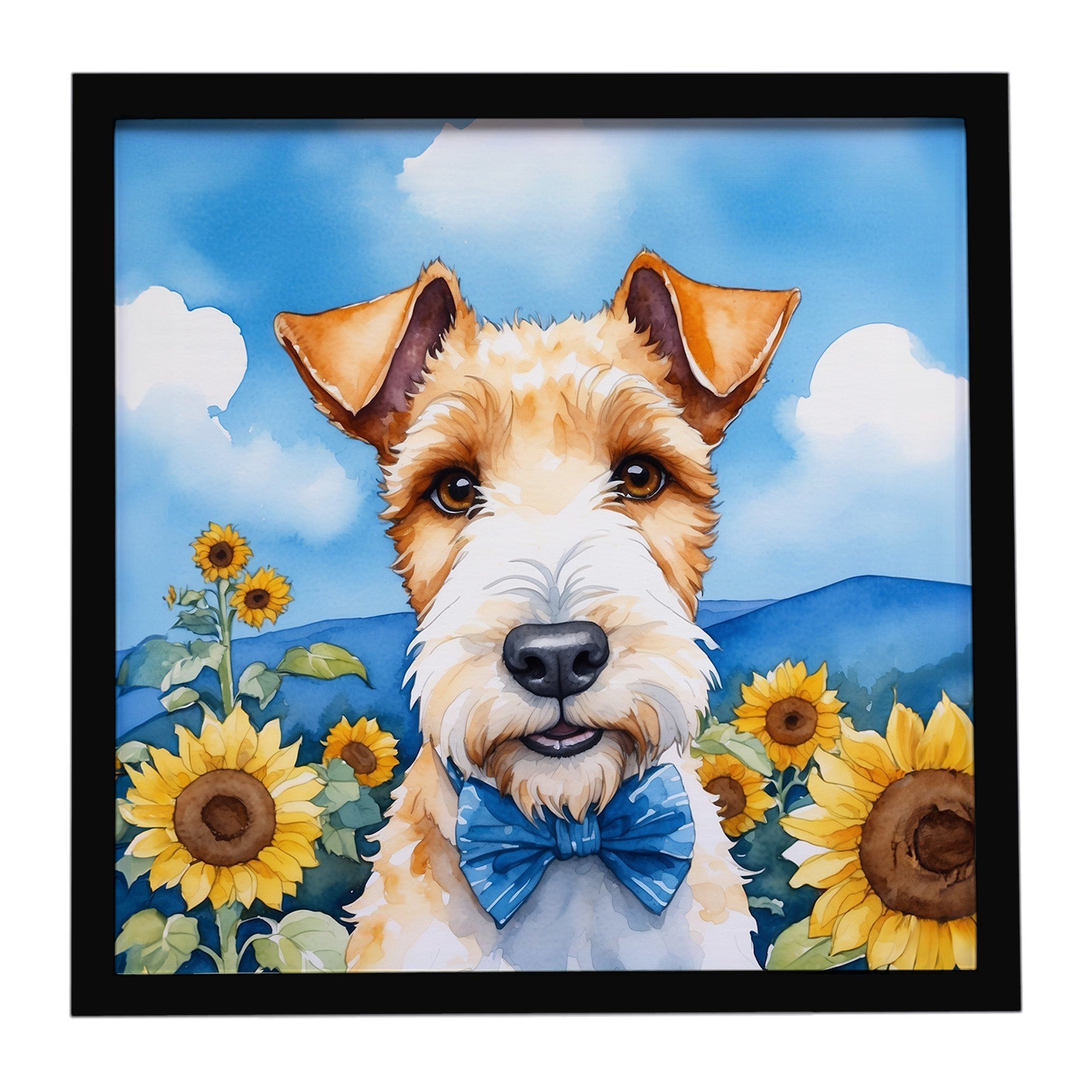 Fox Terrier in Sunflowers Framed Metal Print Bathroom, Kitchen, Office, Home Decor Wall Art Ready to Hang, Square, 8X8