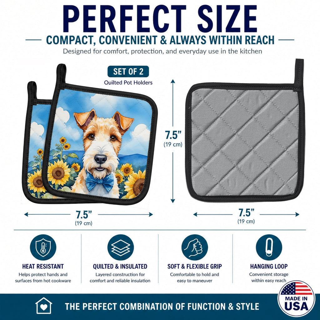 Fox Terrier in Sunflowers Pot Holder Set of 2 Heat Resistant Quilted Hot Pads 7.5 x 7.5 Inch, Insulated Kitchen Trivets for Cooking & Baking