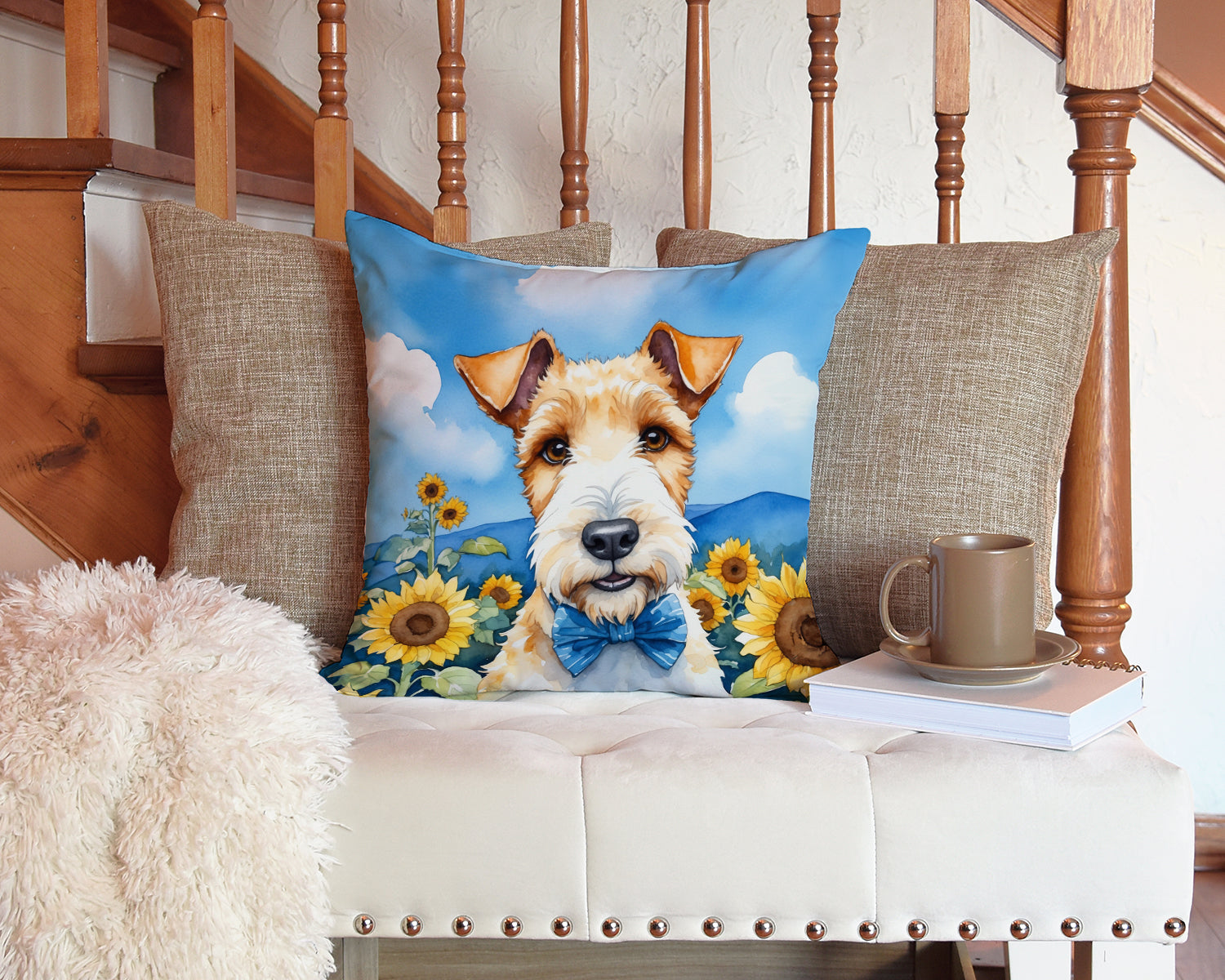 Fox Terrier in Sunflowers Decorative Throw Pillow 14x14 Indoor Outdoor Accent Cushion, Fabric Cover with Insert for Sofa, Bed, Porch & Living Room