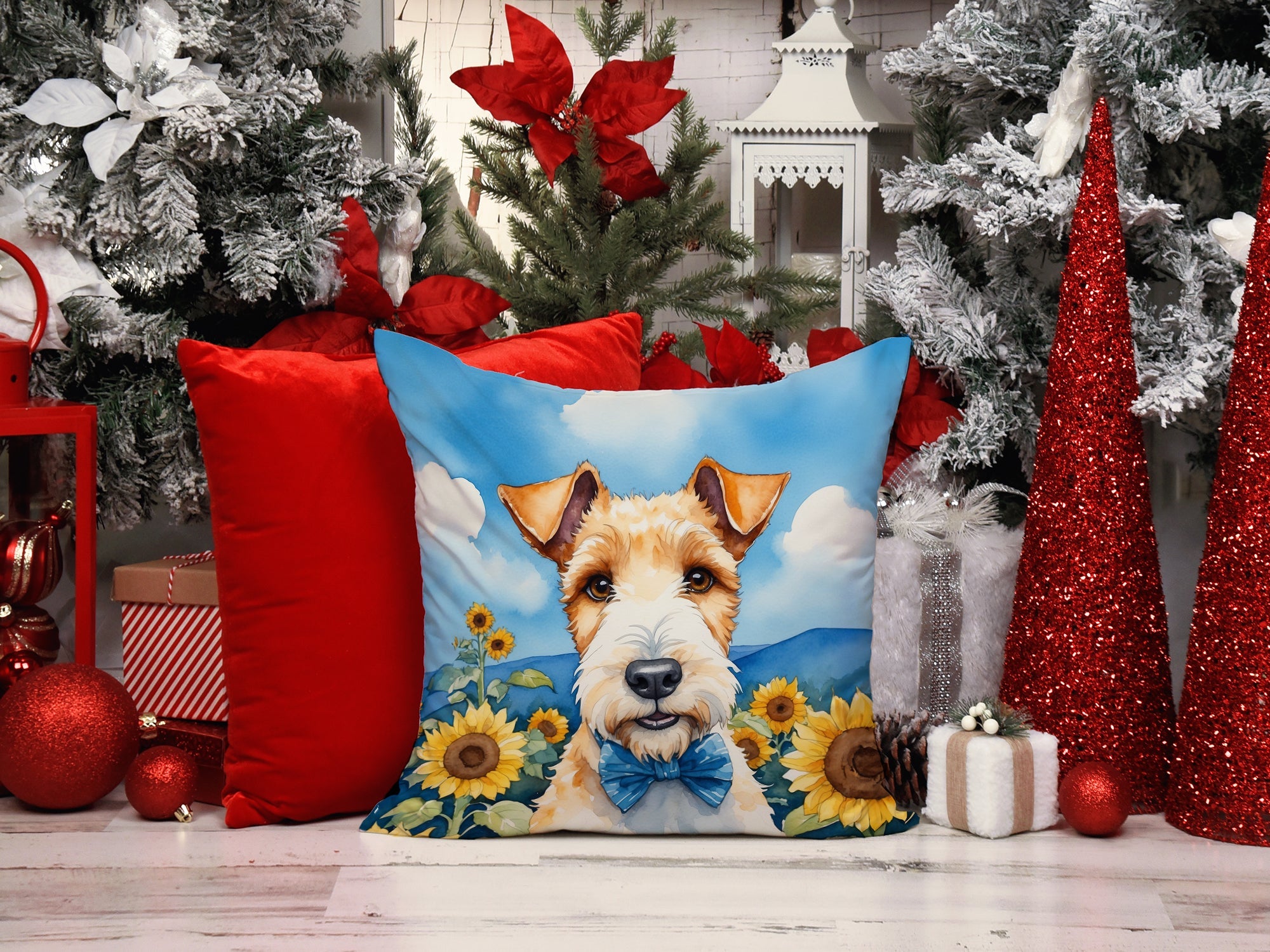 Fox Terrier in Sunflowers Decorative Throw Pillow 14x14 Indoor Outdoor Accent Cushion, Fabric Cover with Insert for Sofa, Bed, Porch & Living Room