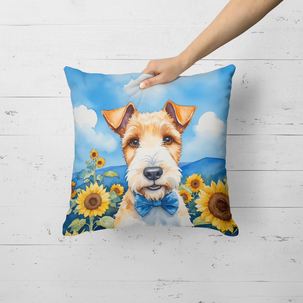 Fox Terrier in Sunflowers Decorative Throw Pillow 18x18 Indoor Outdoor Accent Cushion, Fabric Cover with Insert for Sofa, Bed, Porch & Living Room