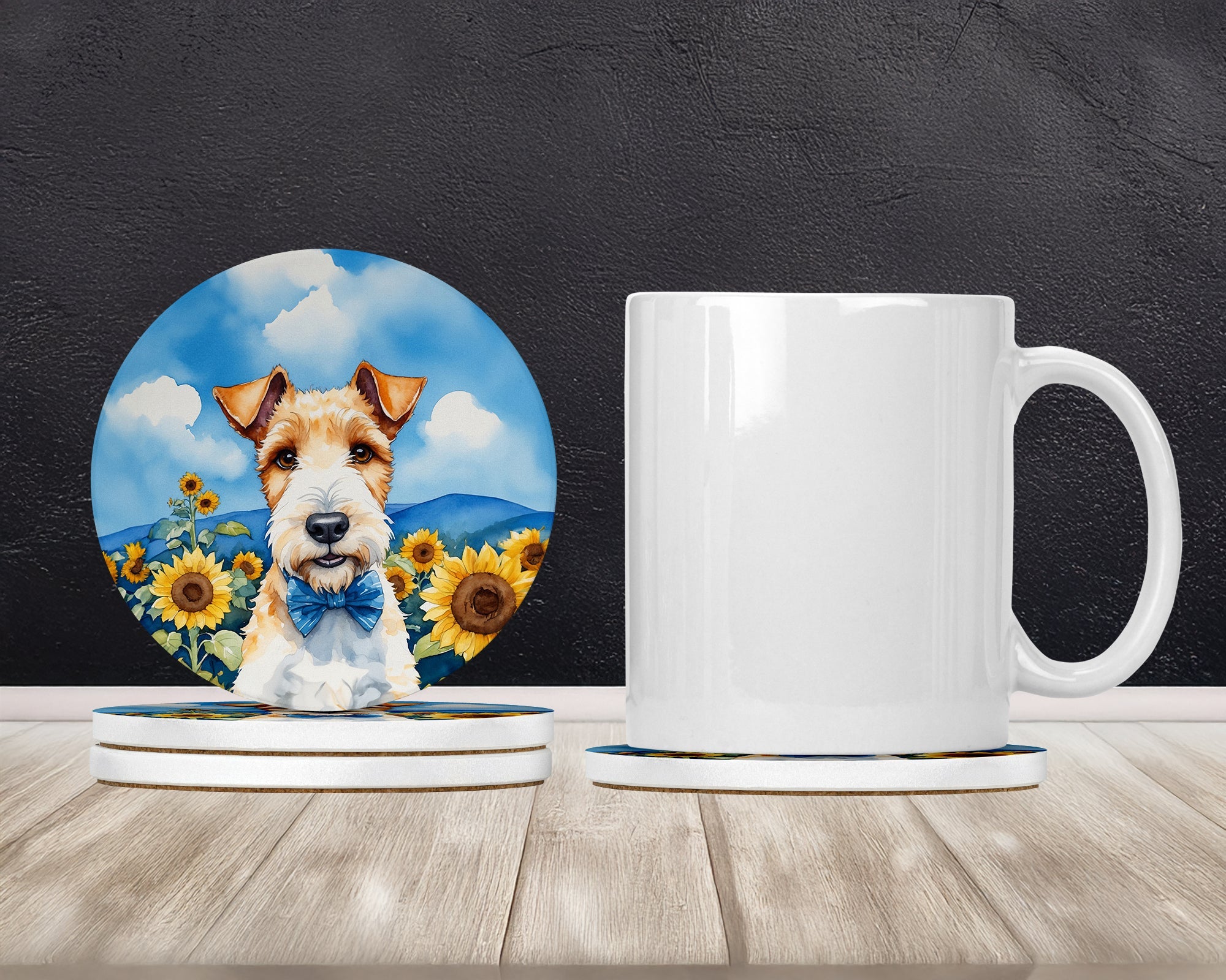 Fox Terrier in Sunflowers Large Sandstone Coasters Pack of 4 Absorbent Round Coasters Decor Gifts for Men or Women, 4 in, Multicolor