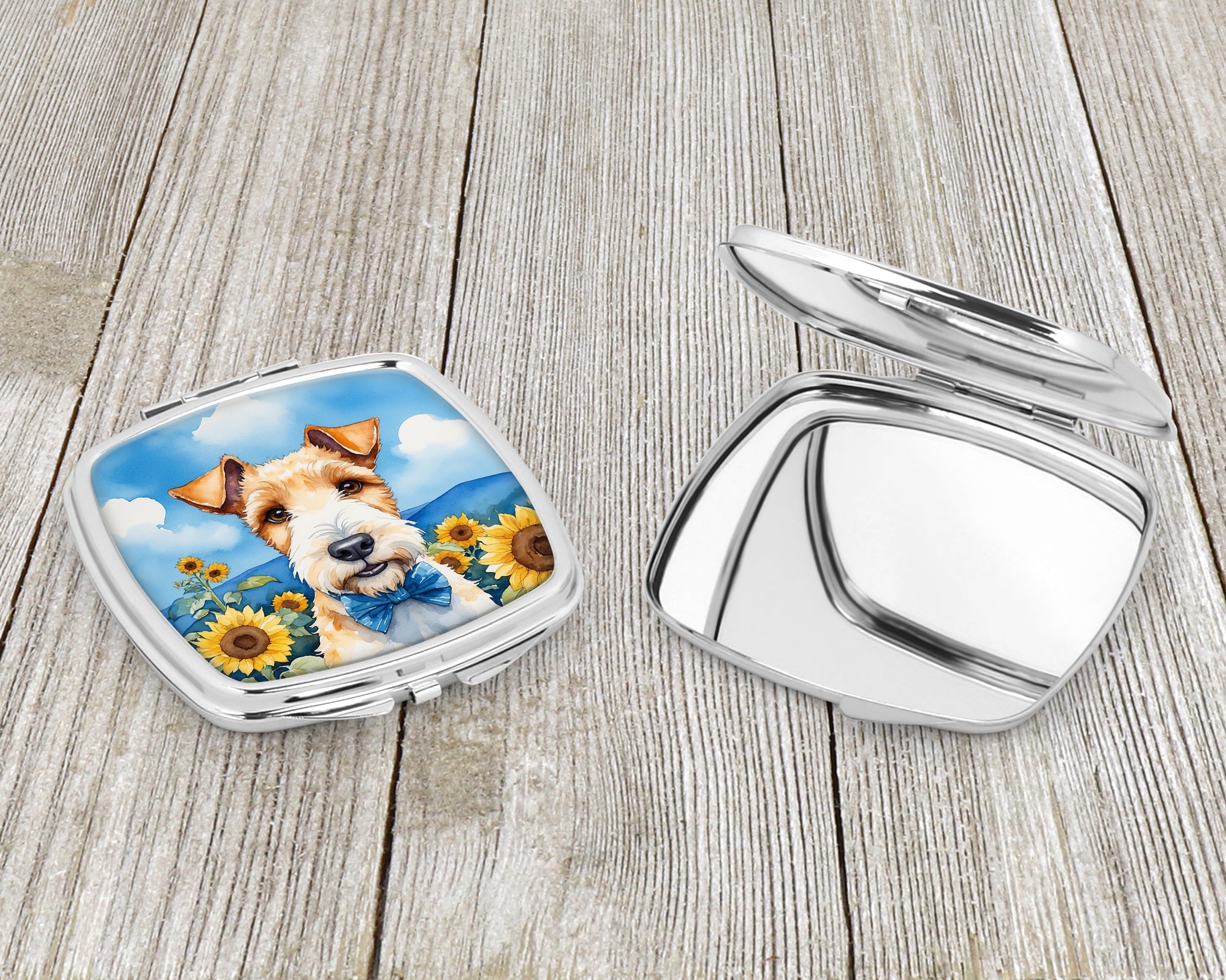 Fox Terrier in Sunflowers Compact Mirror Decorative Travel Makeup Mirror for Women Girls Gifts Pocket Makeup Mirror Folding Handheld