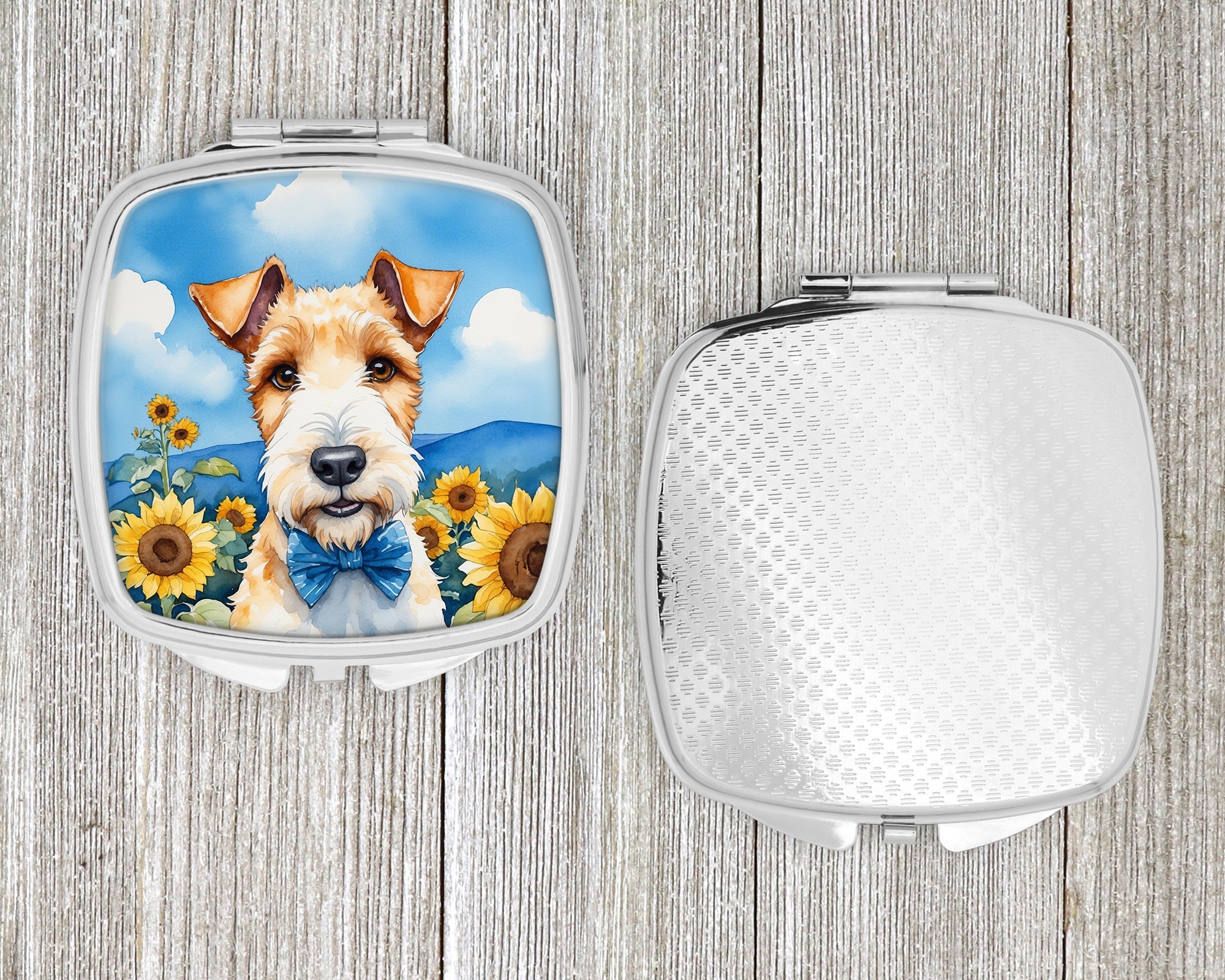Fox Terrier in Sunflowers Compact Mirror Decorative Travel Makeup Mirror for Women Girls Gifts Pocket Makeup Mirror Folding Handheld