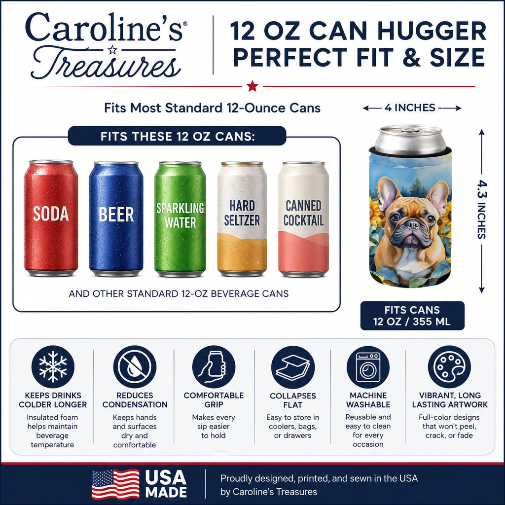 French Bulldog in Sunflowers Can or Bottle Hugger Cooler Sleeve for Standard 12 oz Cans, Insulated Foam Beer & Soda Can Hugger Reusable