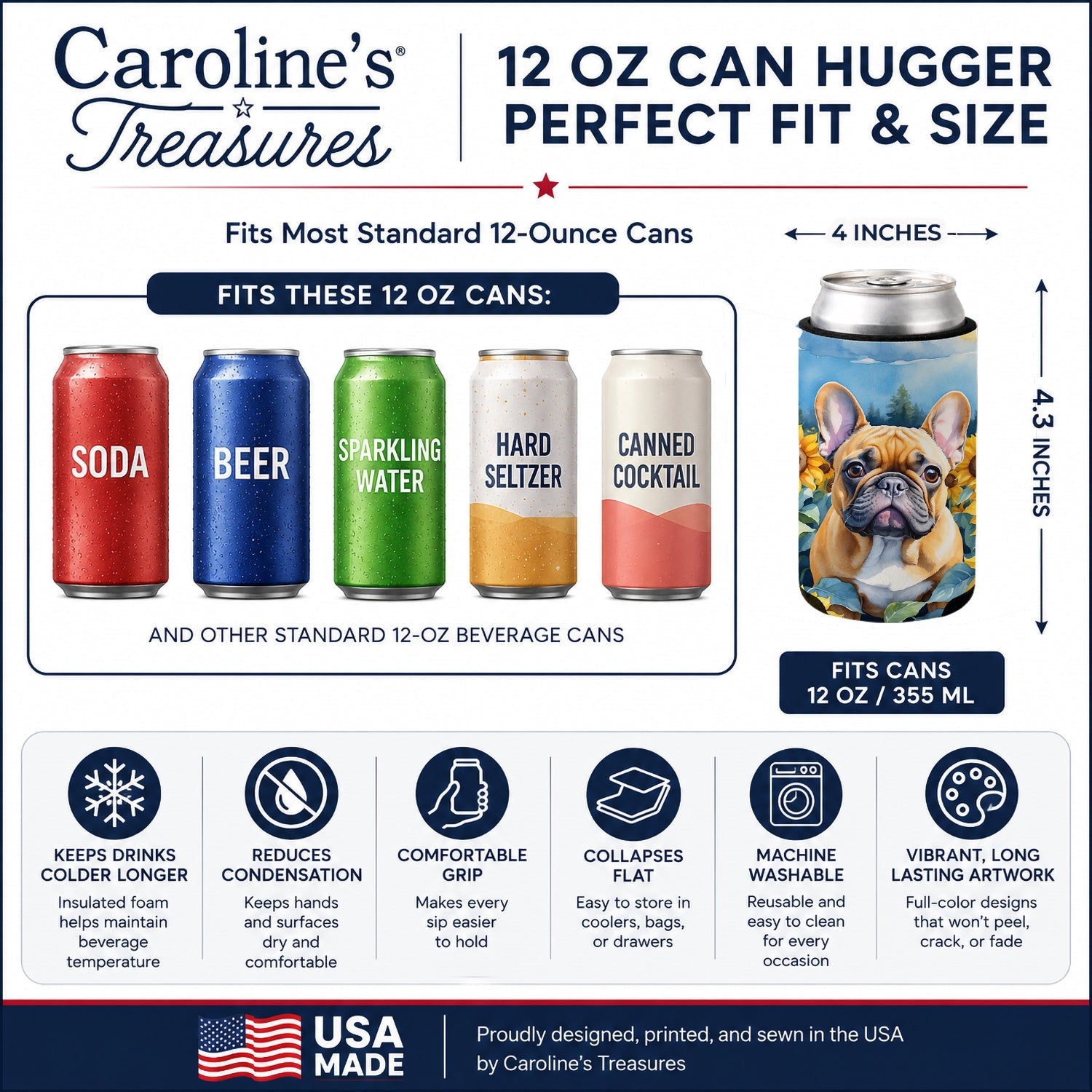 French Bulldog in Sunflowers Can or Bottle Hugger Cooler Sleeve for Standard 12 oz Cans, Insulated Foam Beer & Soda Can Hugger Reusable