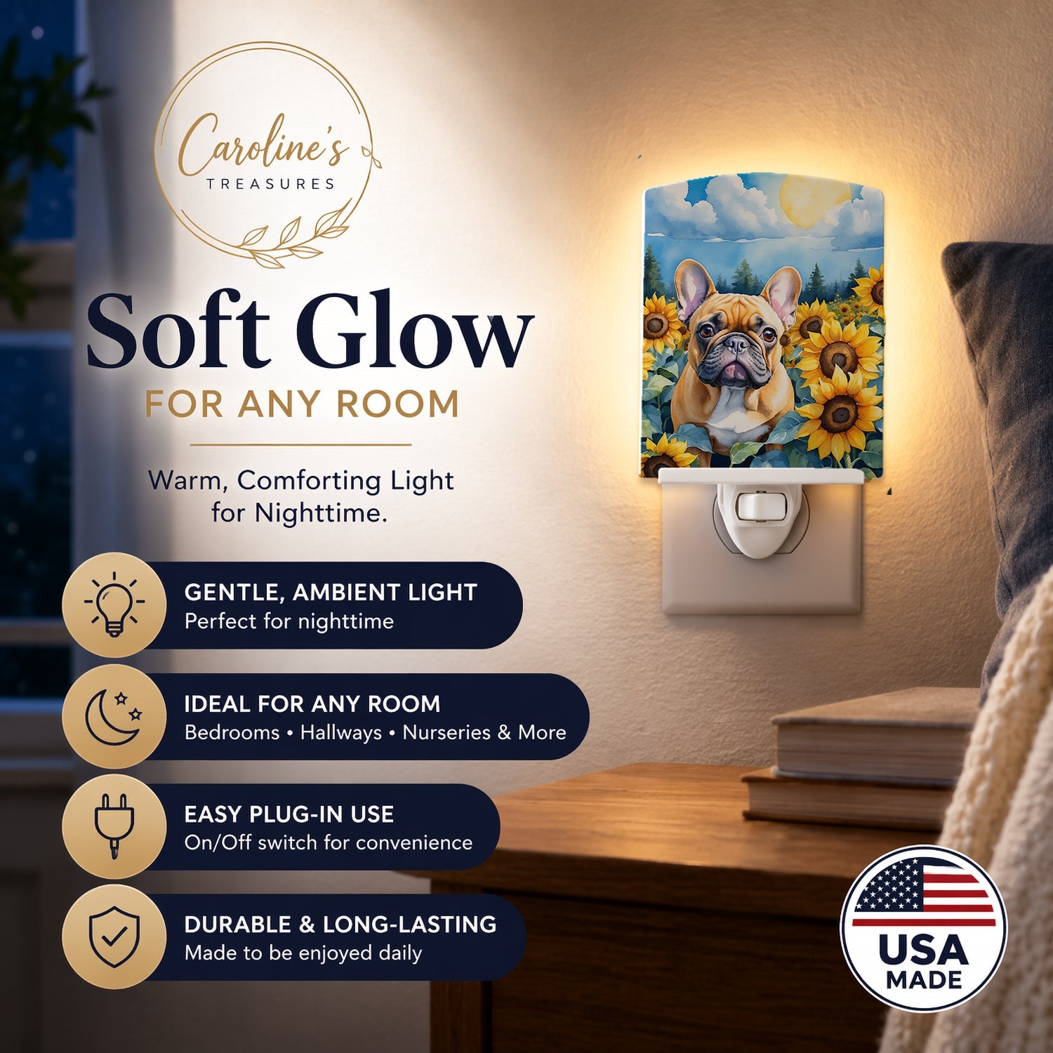 French Bulldog in Sunflowers Ceramic Night Light Compact, UL-Certified, Ideal for Bedroom, Bathroom, Nursery, Hallway, Kitchen, 6x4x3, Multicolor
