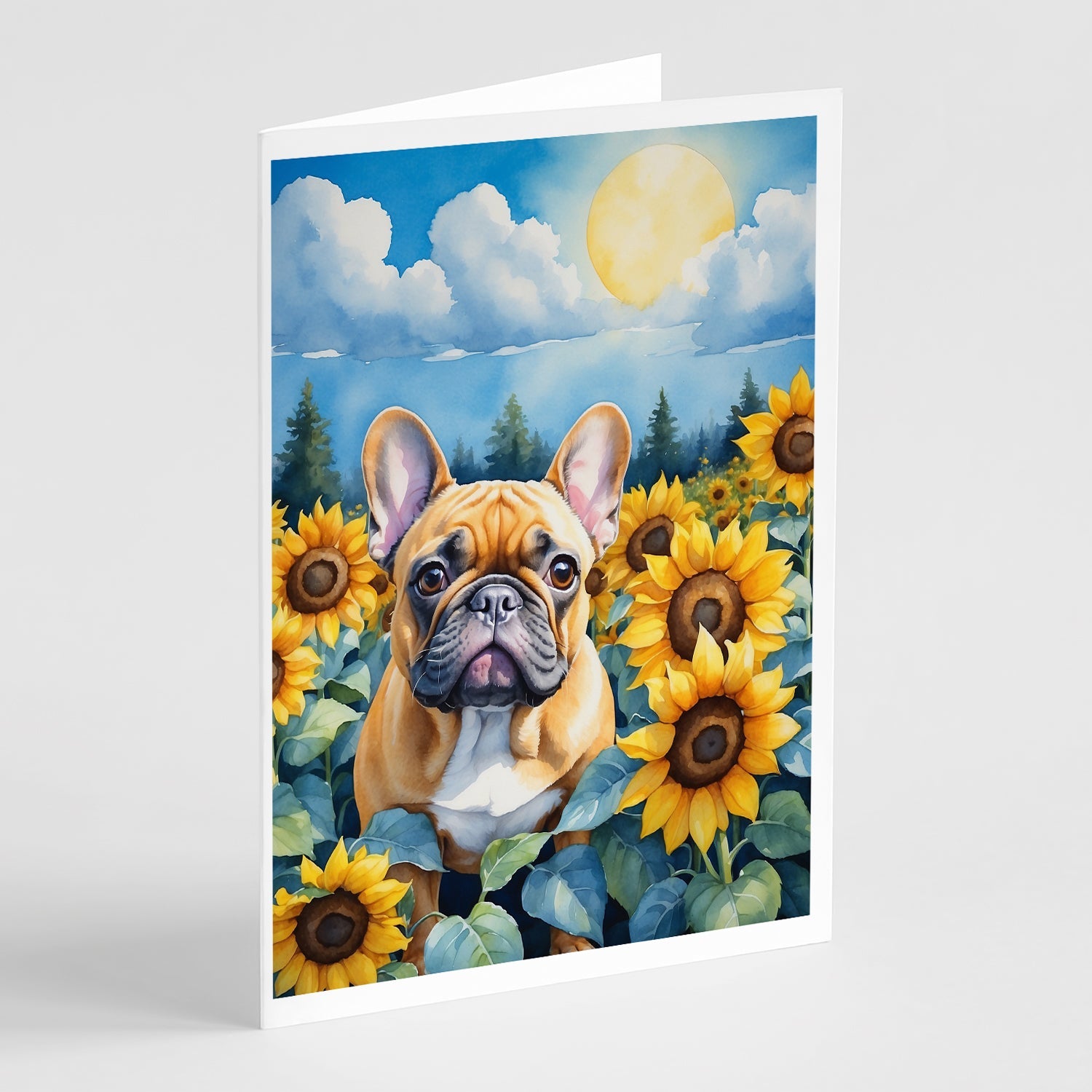 French Bulldog in Sunflowers Greeting Cards Pack of 8 Blank Cards with Envelopes Whimsical A7 Size 5x7