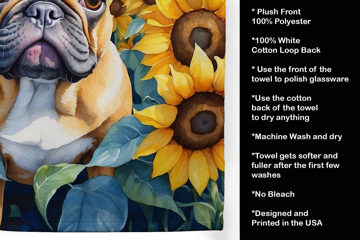 French Bulldog in Sunflowers Kitchen Towel Velour Plush Front and Cotton Loop Back Machine Washable
