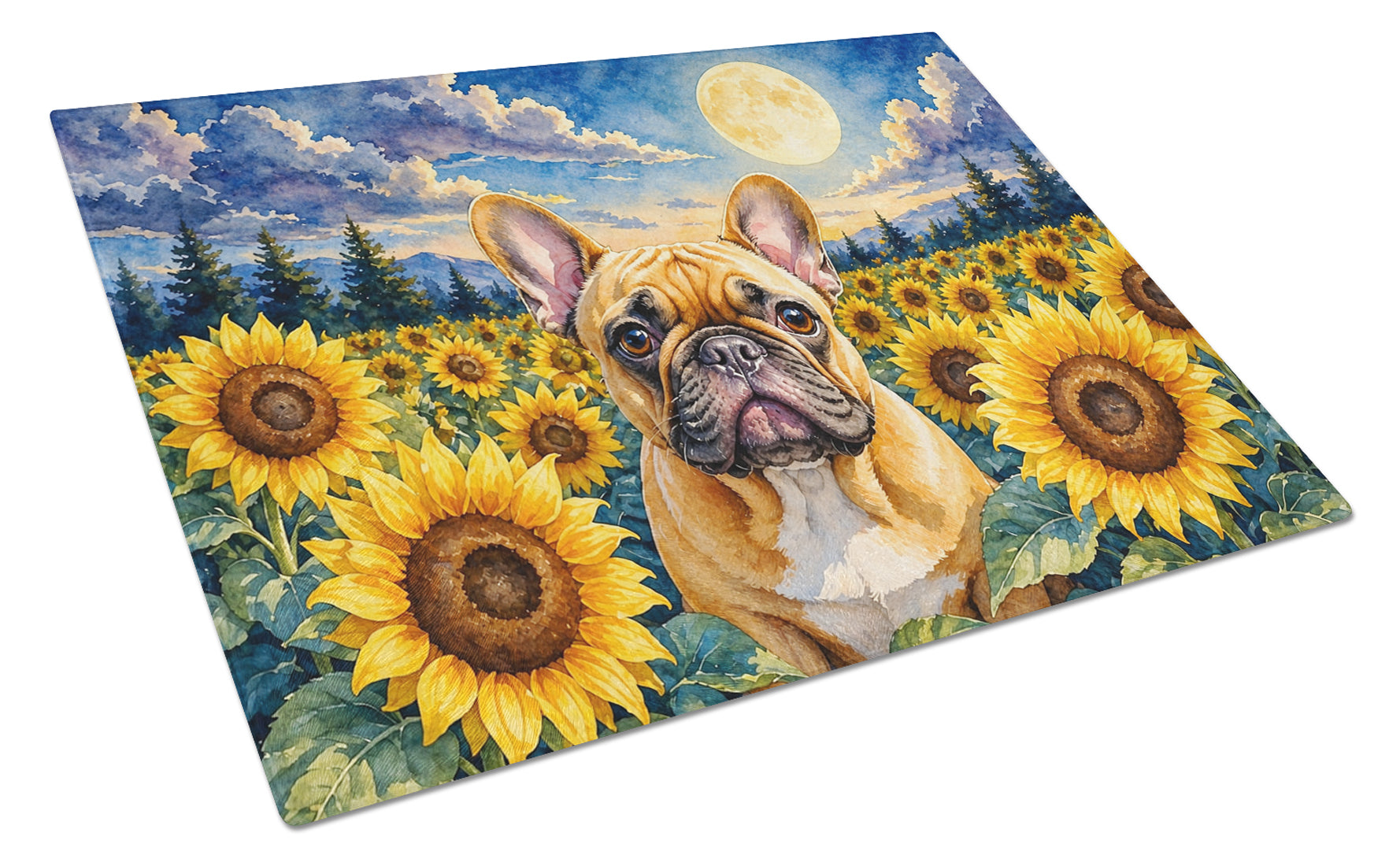 French Bulldog in Sunflowers Cutting Board Tempered Glass Kitchen Cutting Surface, Heat Resistant Chopping Board with Non-Slip Feet, Decorative Food Prep & Serving