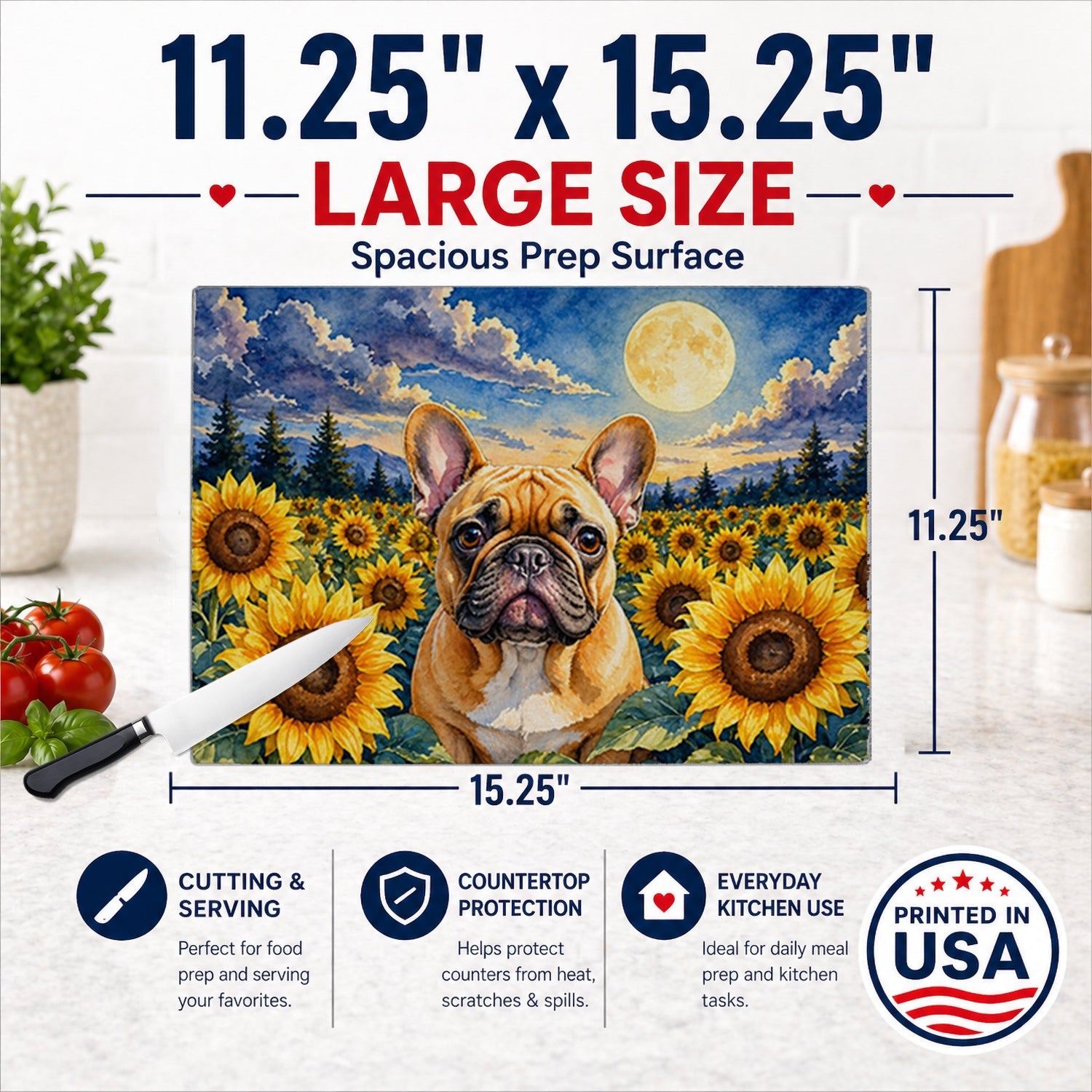 French Bulldog in Sunflowers Cutting Board Tempered Glass Kitchen Cutting Surface, Heat Resistant Chopping Board with Non-Slip Feet, Decorative Food Prep & Serving
