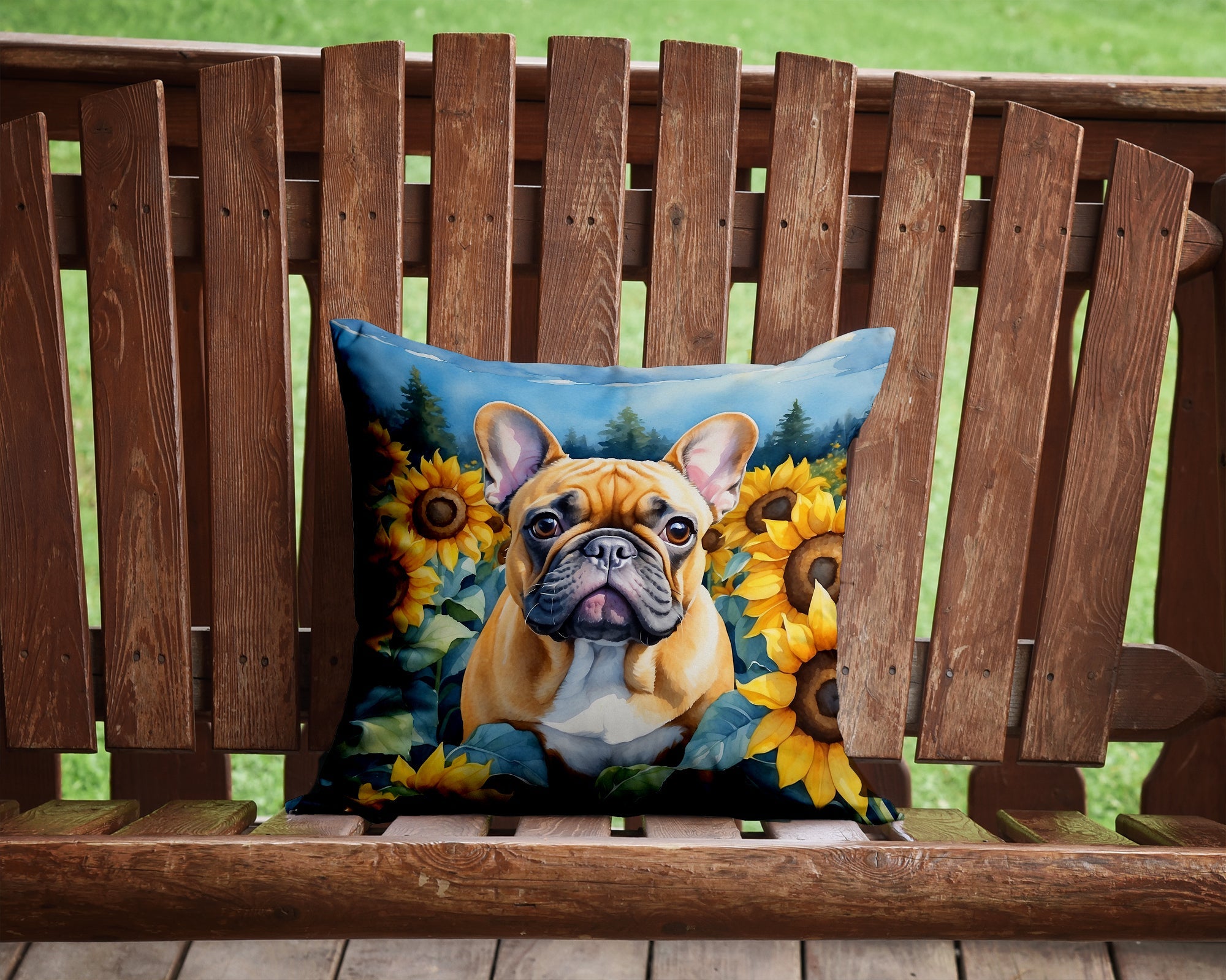 French Bulldog in Sunflowers Decorative Throw Pillow 14x14 Indoor Outdoor Accent Cushion, Fabric Cover with Insert for Sofa, Bed, Porch & Living Room
