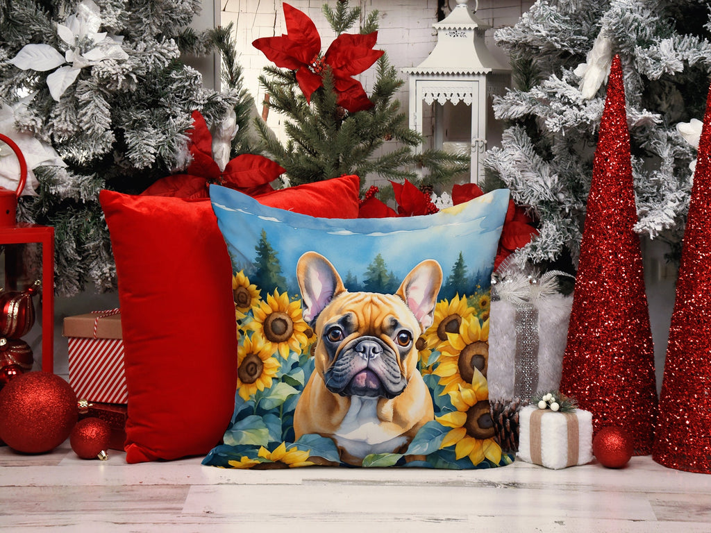 French Bulldog in Sunflowers Decorative Throw Pillow 14x14 Indoor Outdoor Accent Cushion, Fabric Cover with Insert for Sofa, Bed, Porch & Living Room