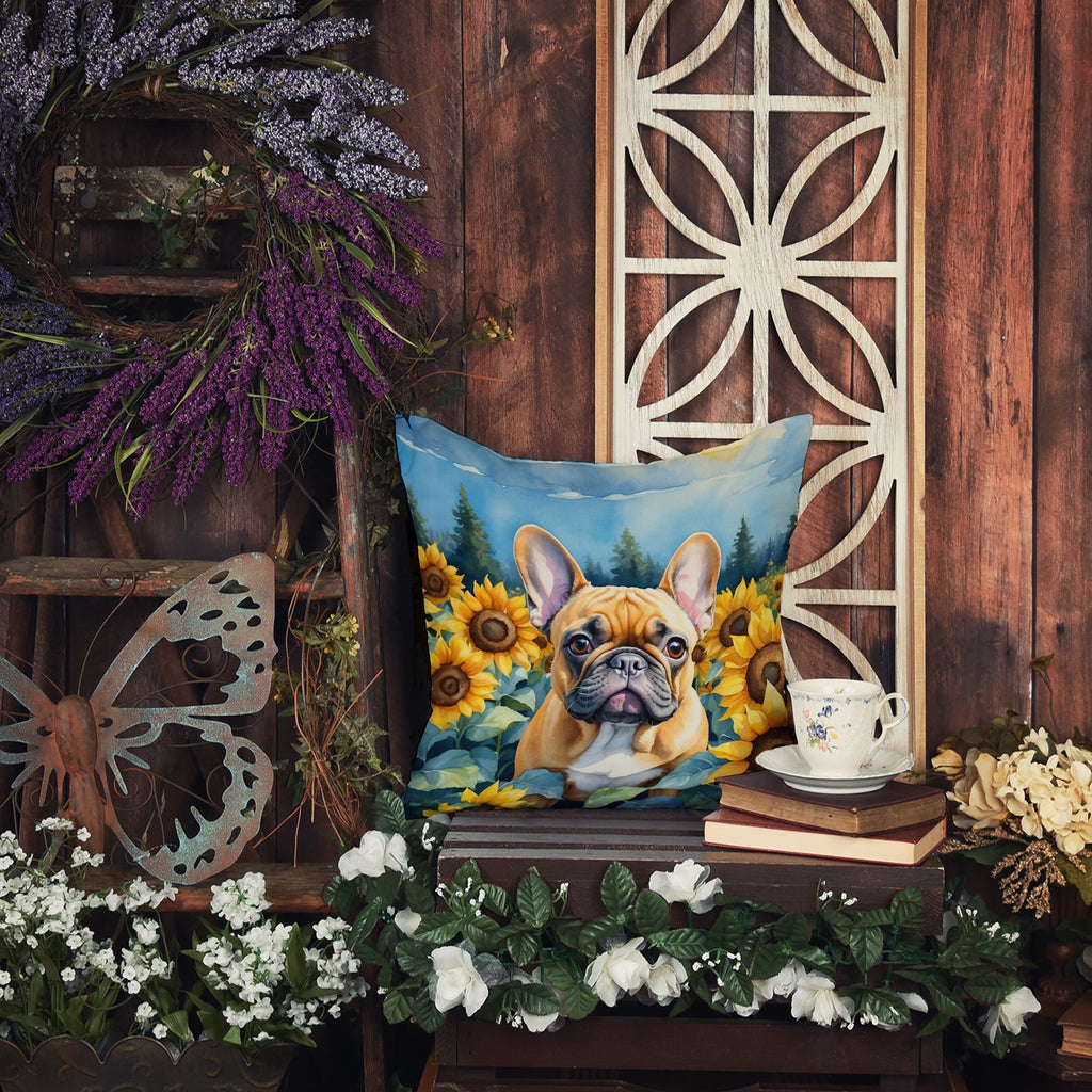 French Bulldog in Sunflowers Decorative Throw Pillow 18x18 Indoor Outdoor Accent Cushion, Fabric Cover with Insert for Sofa, Bed, Porch & Living Room