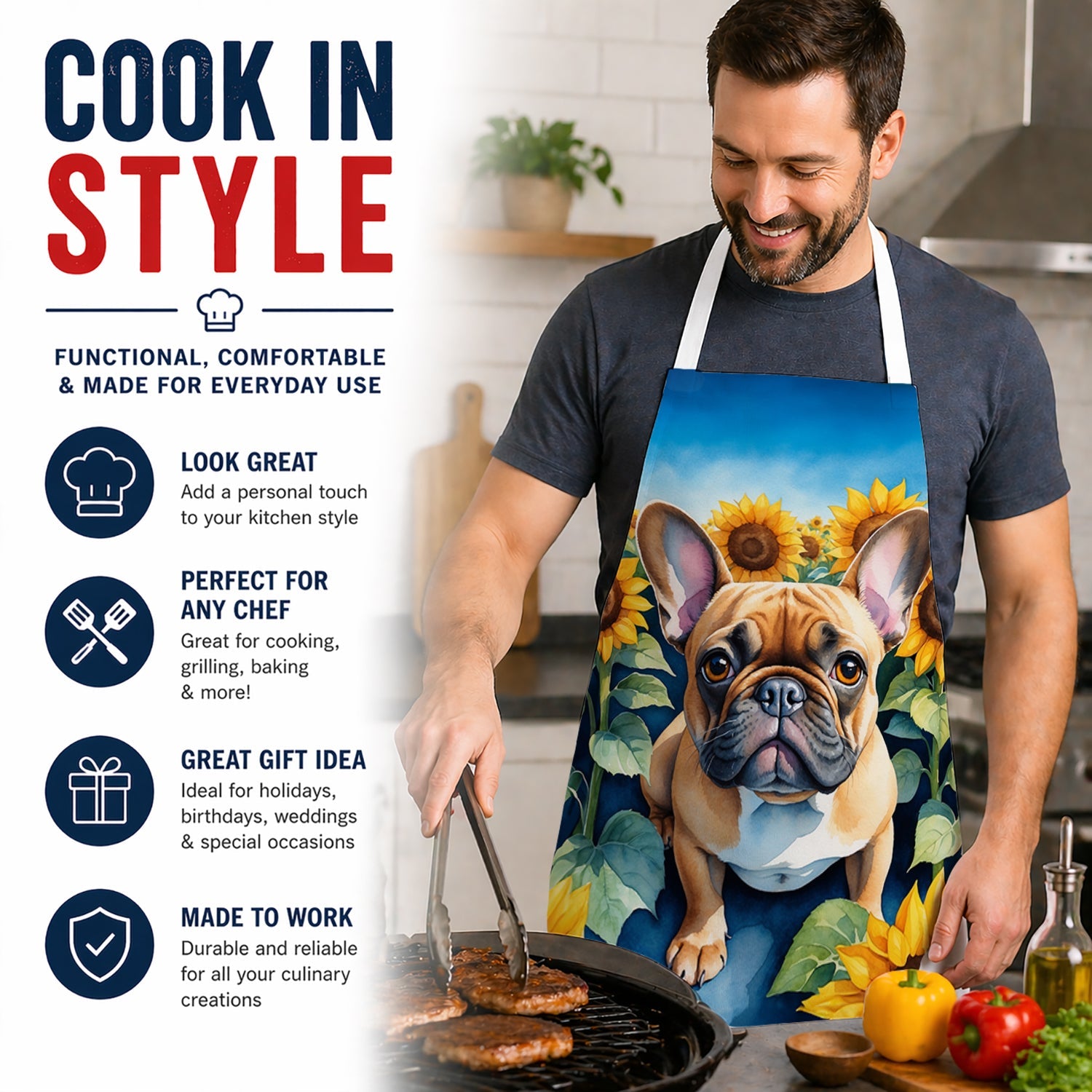 French Bulldog in Sunflowers Apron Cooking Kitchen Server Baking Crafts Gardening for Adult Women Men, Unisex, Large, Multicolor