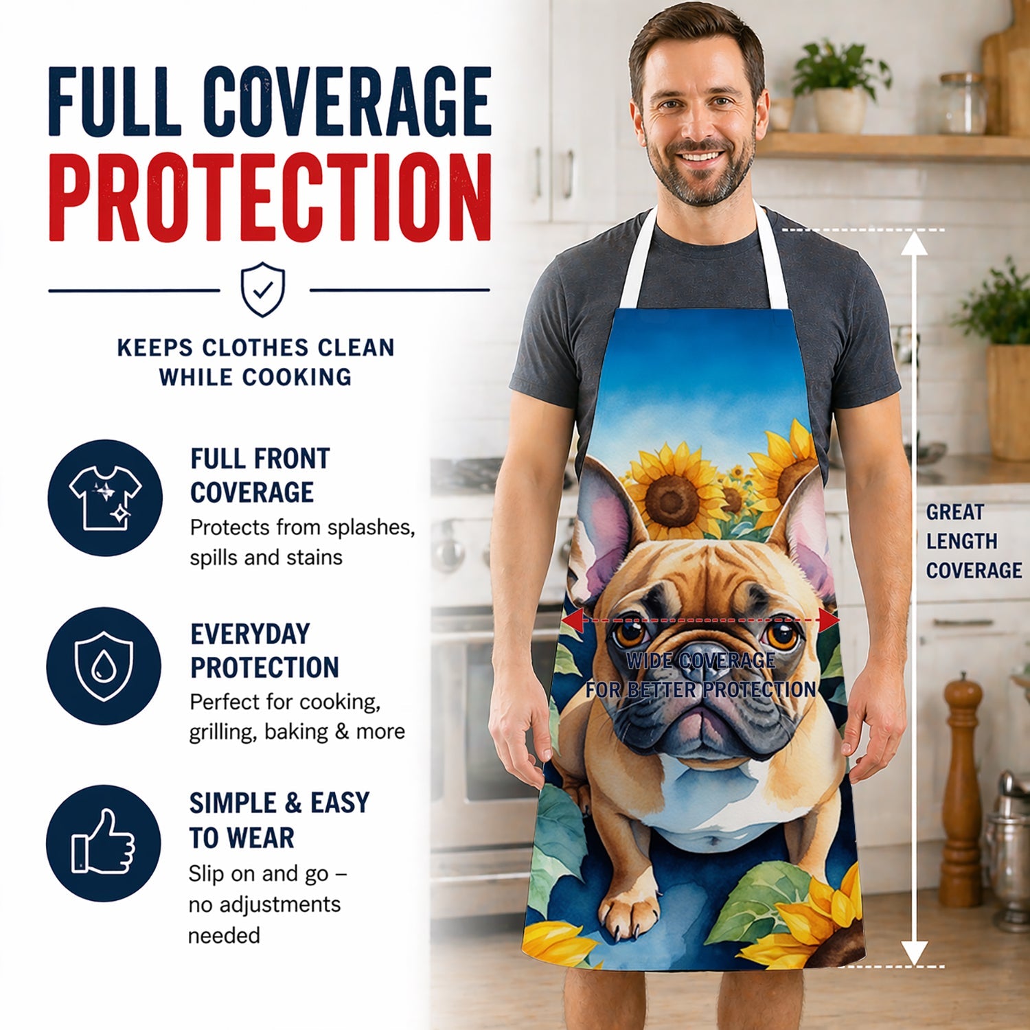 French Bulldog in Sunflowers Apron Cooking Kitchen Server Baking Crafts Gardening for Adult Women Men, Unisex, Large, Multicolor
