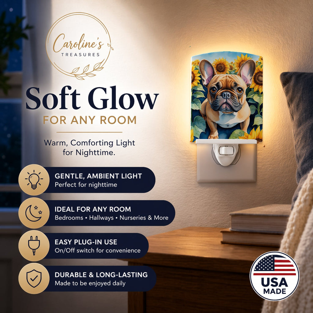 French Bulldog in Sunflowers Ceramic Night Light Compact, UL-Certified, Ideal for Bedroom, Bathroom, Nursery, Hallway, Kitchen, 6x4x3, Multicolor