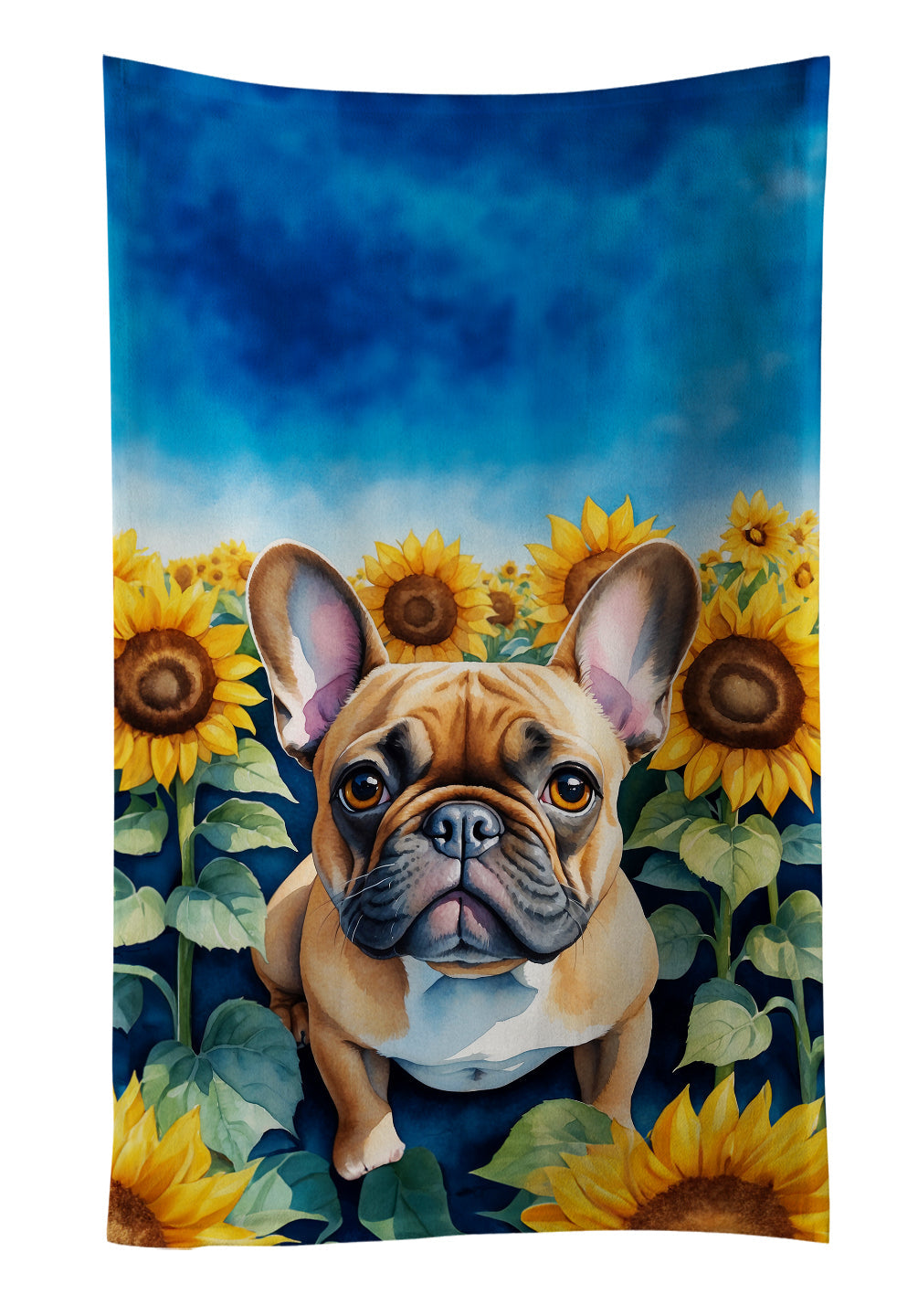 French Bulldog in Sunflowers Kitchen Towel Velour Plush Front and Cotton Loop Back Machine Washable