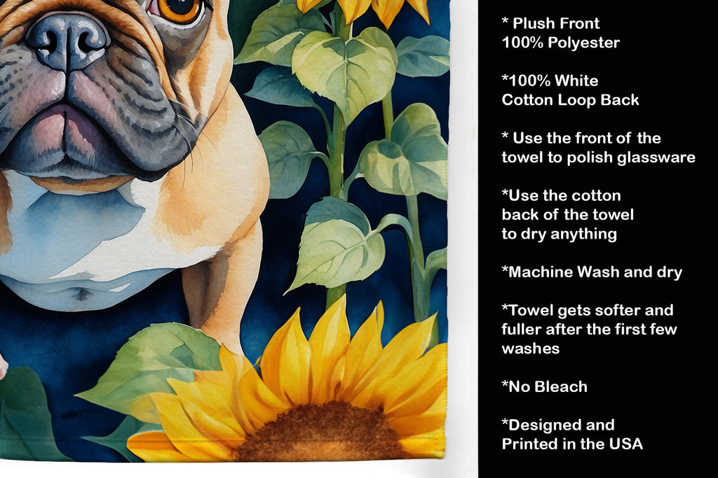 French Bulldog in Sunflowers Kitchen Towel Velour Plush Front and Cotton Loop Back Machine Washable