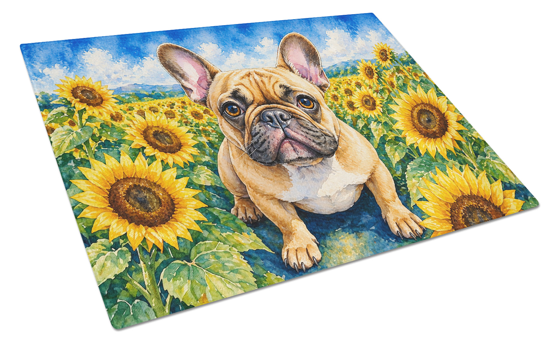 French Bulldog in Sunflowers Cutting Board Tempered Glass Kitchen Cutting Surface, Heat Resistant Chopping Board with Non-Slip Feet, Decorative Food Prep & Serving
