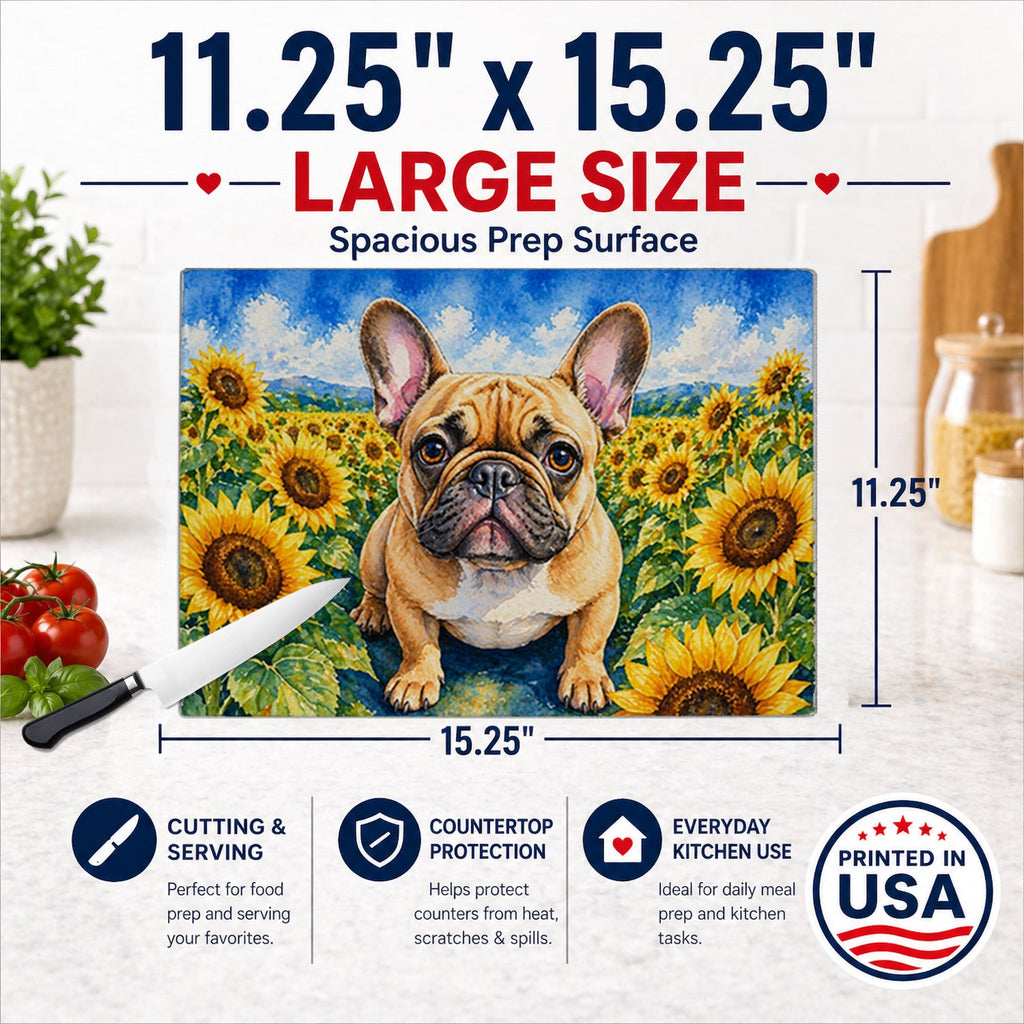 French Bulldog in Sunflowers Cutting Board Tempered Glass Kitchen Cutting Surface, Heat Resistant Chopping Board with Non-Slip Feet, Decorative Food Prep & Serving