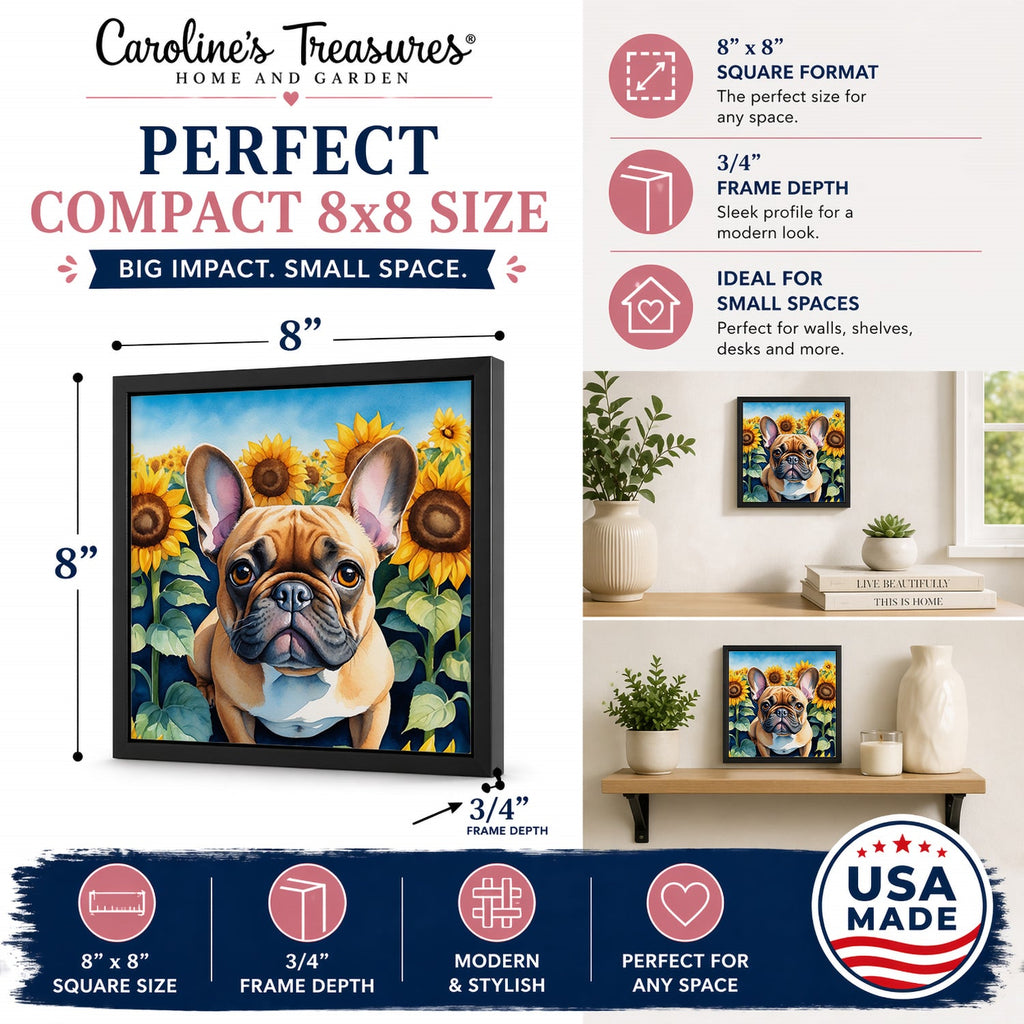 French Bulldog in Sunflowers Framed Metal Print Bathroom, Kitchen, Office, Home Decor Wall Art Ready to Hang, Square, 8X8