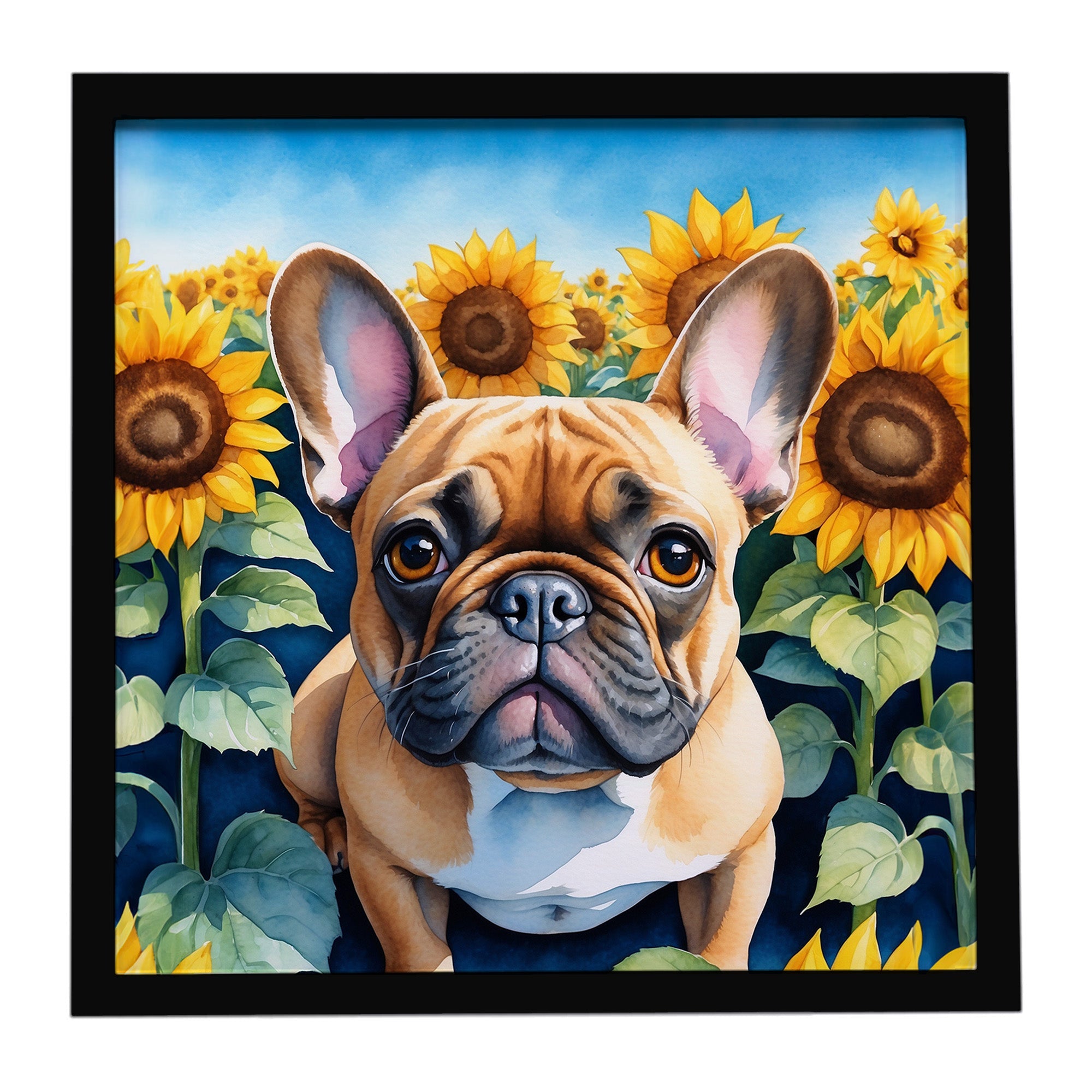 French Bulldog in Sunflowers Framed Metal Print Bathroom, Kitchen, Office, Home Decor Wall Art Ready to Hang, Square, 8X8