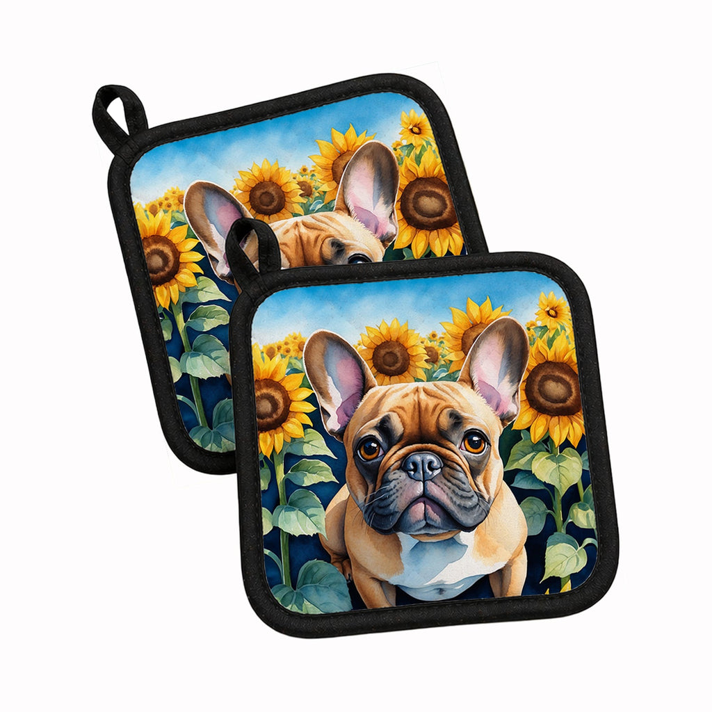 French Bulldog in Sunflowers Pot Holder Set of 2 Heat Resistant Quilted Hot Pads 7.5 x 7.5 Inch, Insulated Kitchen Trivets for Cooking & Baking