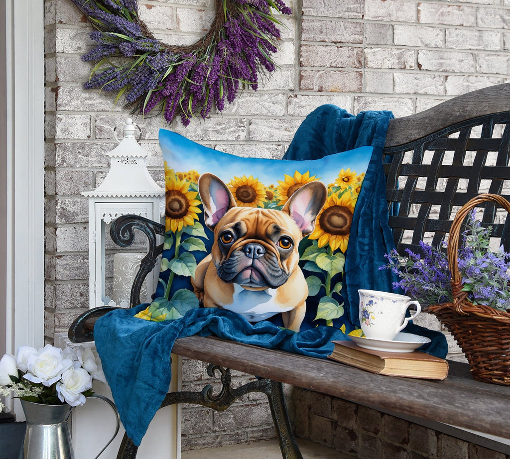 French Bulldog in Sunflowers Decorative Throw Pillow 18x18 Indoor Outdoor Accent Cushion, Fabric Cover with Insert for Sofa, Bed, Porch & Living Room