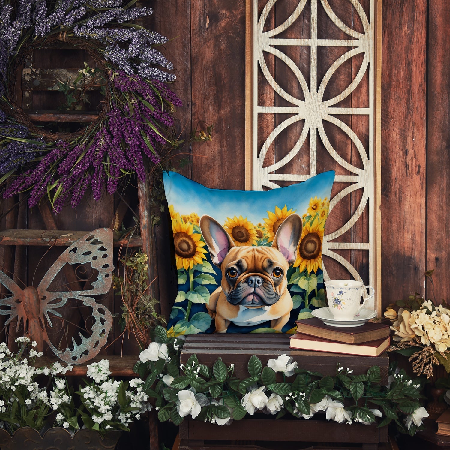 French Bulldog in Sunflowers Decorative Throw Pillow 18x18 Indoor Outdoor Accent Cushion, Fabric Cover with Insert for Sofa, Bed, Porch & Living Room