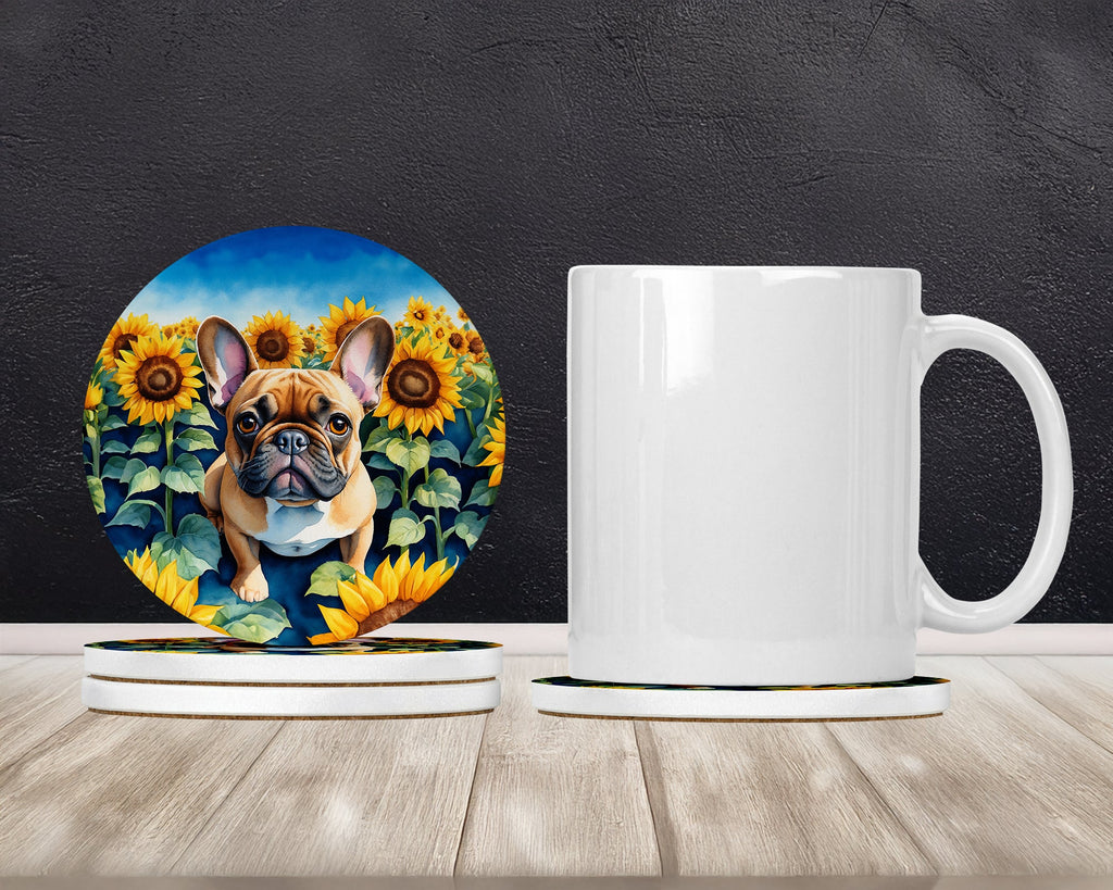 French Bulldog in Sunflowers Large Sandstone Coasters Pack of 4 Absorbent Round Coasters Decor Gifts for Men or Women, 4 in, Multicolor