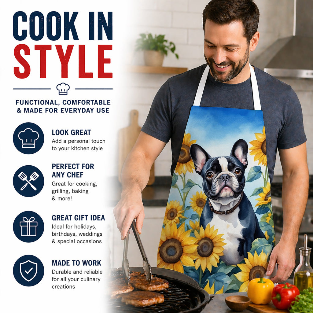 French Bulldog in Sunflowers Apron Cooking Kitchen Server Baking Crafts Gardening for Adult Women Men, Unisex, Large, Multicolor