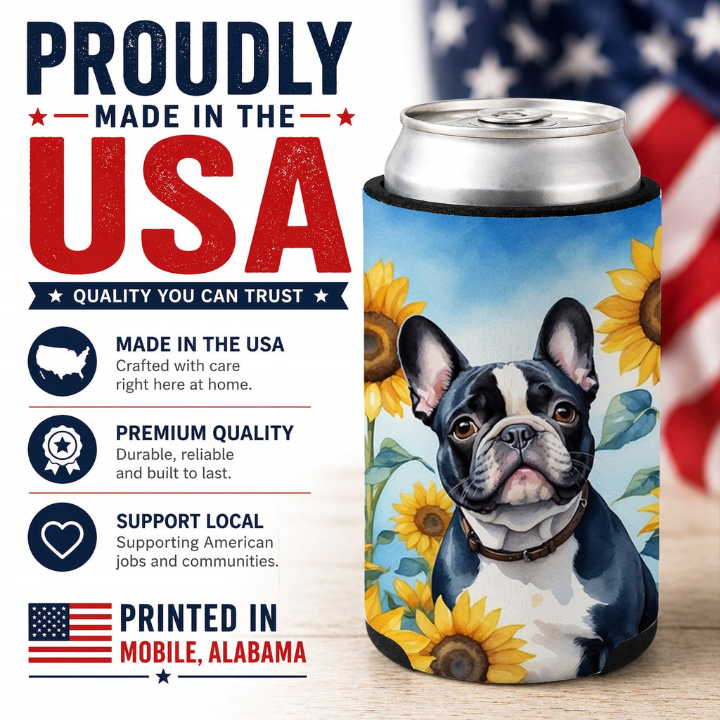 French Bulldog in Sunflowers Can or Bottle Hugger Cooler Sleeve for Standard 12 oz Cans, Insulated Foam Beer & Soda Can Hugger Reusable