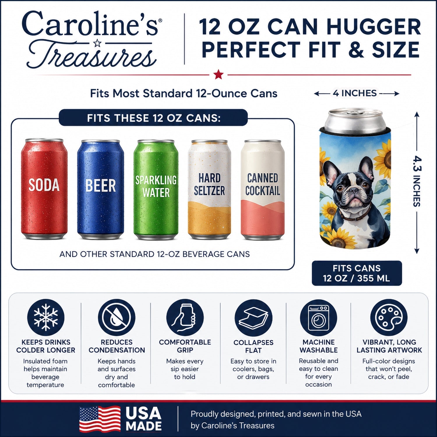 French Bulldog in Sunflowers Can or Bottle Hugger Cooler Sleeve for Standard 12 oz Cans, Insulated Foam Beer & Soda Can Hugger Reusable