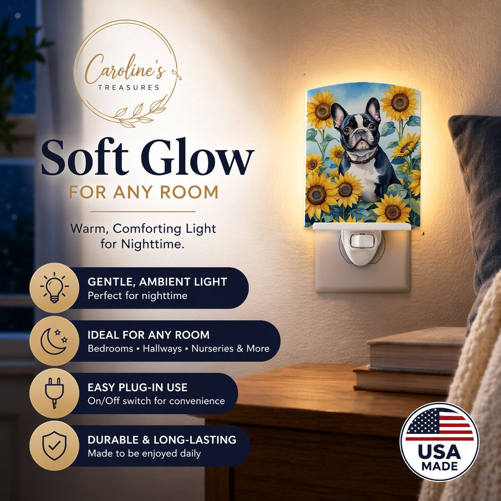 French Bulldog in Sunflowers Ceramic Night Light Compact, UL-Certified, Ideal for Bedroom, Bathroom, Nursery, Hallway, Kitchen, 6x4x3, Multicolor