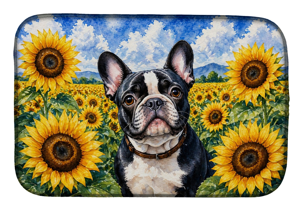 French Bulldog in Sunflowers Dish Drying Mat Absorbent Dish Drying Mat Pad for Kitchen Counter Dish Drainer Mat for Countertop, 14 x 21", Multicolor