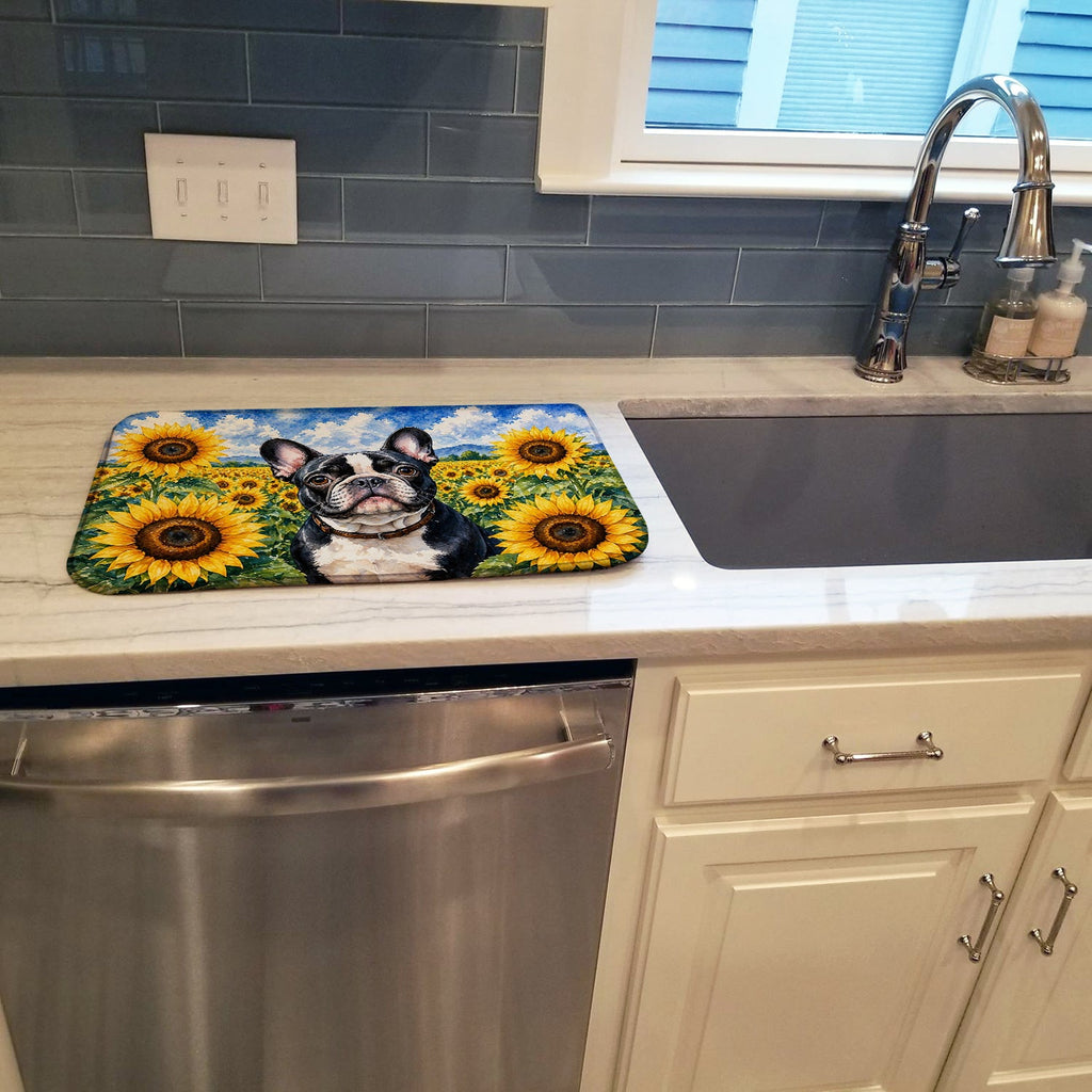 French Bulldog in Sunflowers Dish Drying Mat Absorbent Dish Drying Mat Pad for Kitchen Counter Dish Drainer Mat for Countertop, 14 x 21", Multicolor