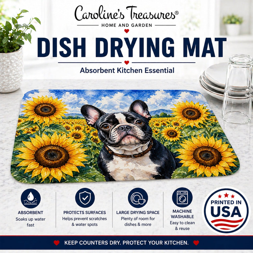 French Bulldog in Sunflowers Dish Drying Mat Absorbent Dish Drying Mat Pad for Kitchen Counter Dish Drainer Mat for Countertop, 14 x 21", Multicolor