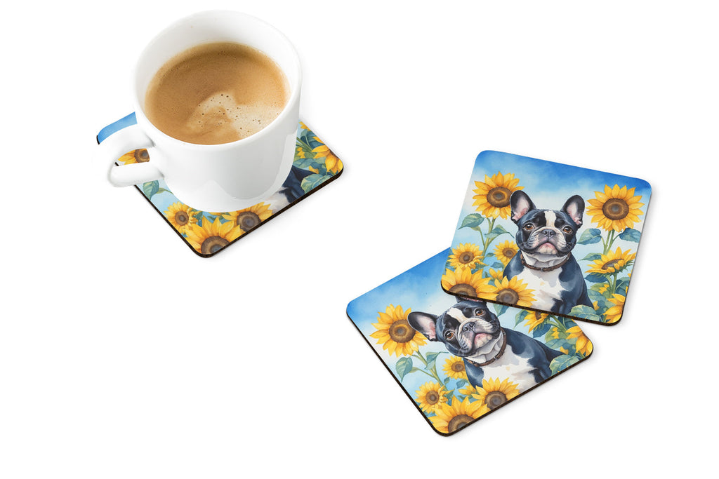 French Bulldog in Sunflowers Foam Coasters Set of 4 Cup Coasters for Indoor Outdoor, Tabletop Protection, Anti Slip, Mouse pad Material