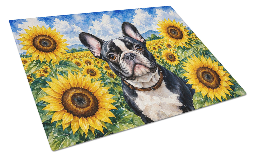 French Bulldog in Sunflowers Cutting Board Tempered Glass Kitchen Cutting Surface, Heat Resistant Chopping Board with Non-Slip Feet, Decorative Food Prep & Serving