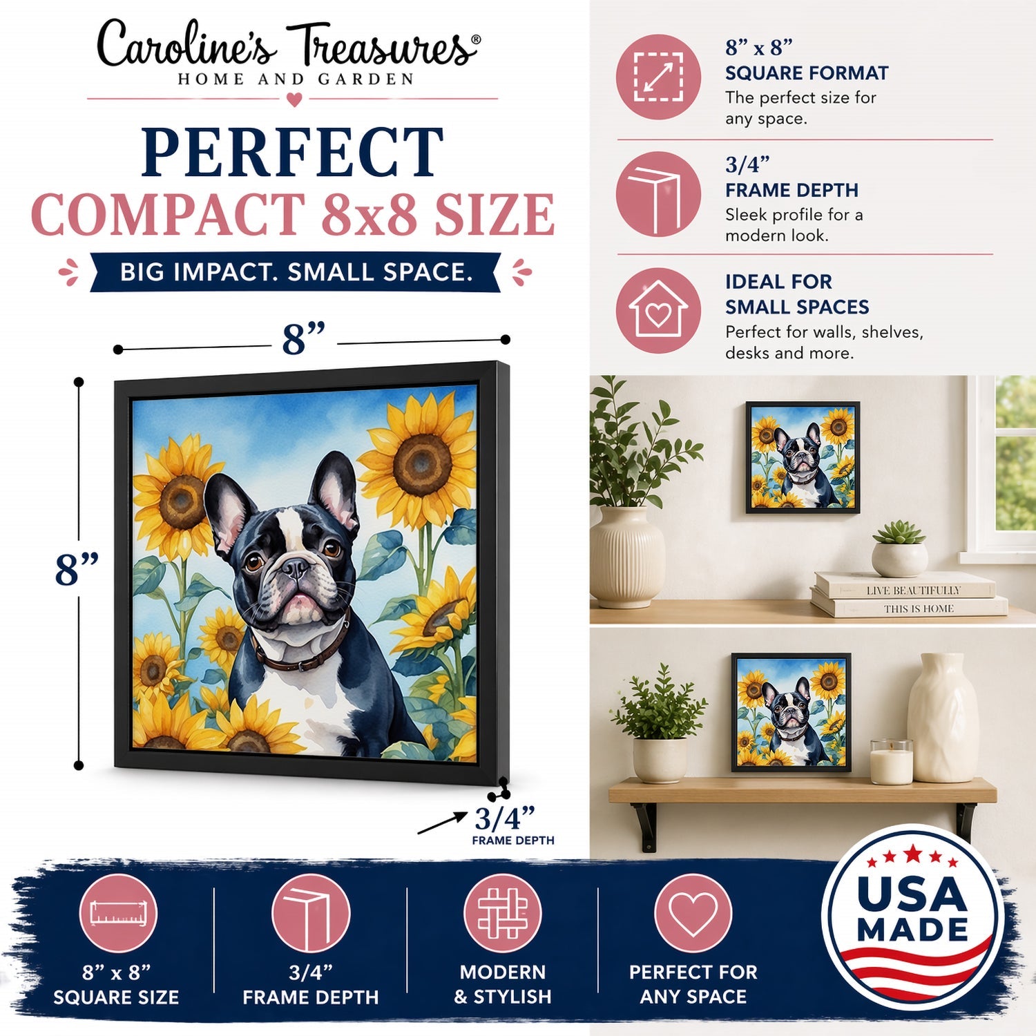 French Bulldog in Sunflowers Framed Metal Print Bathroom, Kitchen, Office, Home Decor Wall Art Ready to Hang, Square, 8X8