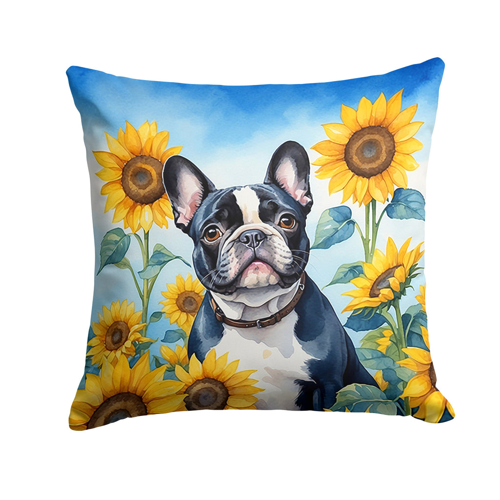 French Bulldog in Sunflowers Decorative Throw Pillow 14x14 Indoor Outdoor Accent Cushion, Fabric Cover with Insert for Sofa, Bed, Porch & Living Room