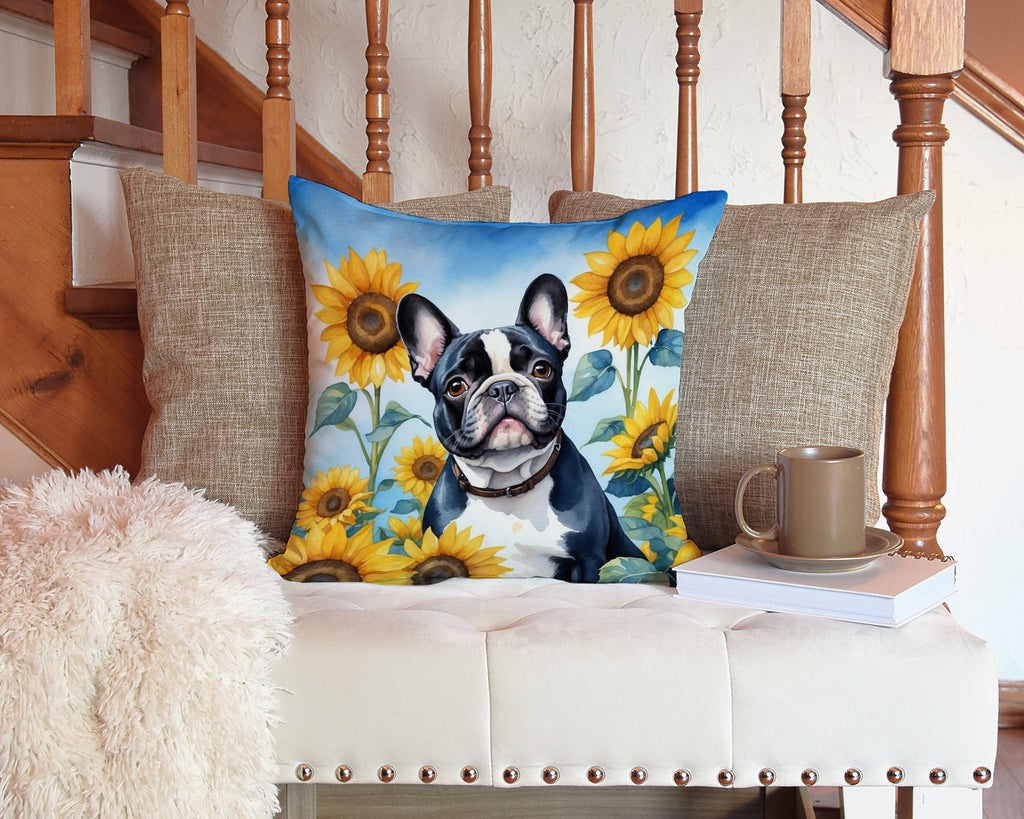 French Bulldog in Sunflowers Decorative Throw Pillow 14x14 Indoor Outdoor Accent Cushion, Fabric Cover with Insert for Sofa, Bed, Porch & Living Room