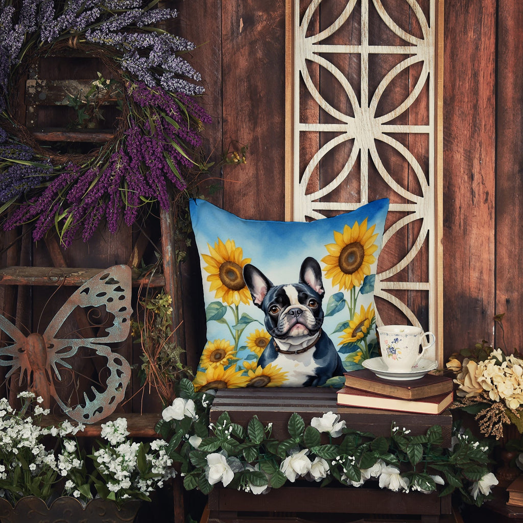 French Bulldog in Sunflowers Decorative Throw Pillow 18x18 Indoor Outdoor Accent Cushion, Fabric Cover with Insert for Sofa, Bed, Porch & Living Room
