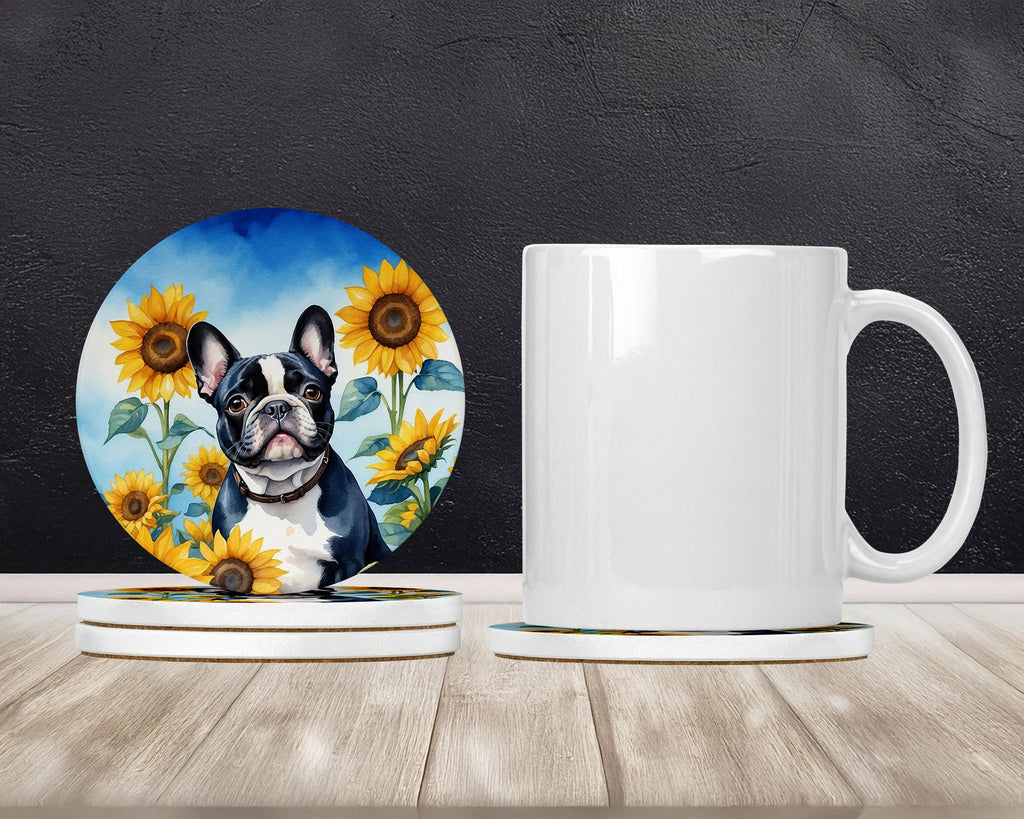 French Bulldog in Sunflowers Large Sandstone Coasters Pack of 4 Absorbent Round Coasters Decor Gifts for Men or Women, 4 in, Multicolor