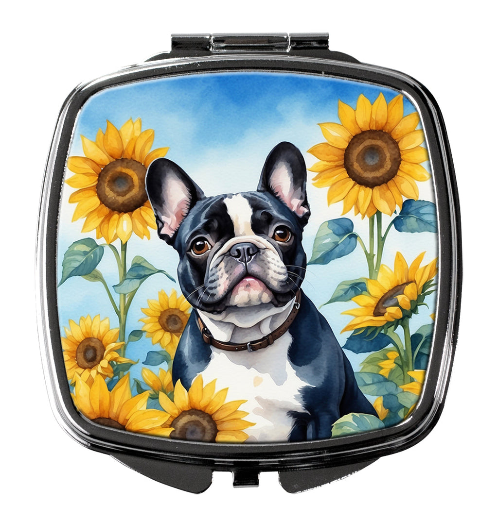 French Bulldog in Sunflowers Compact Mirror Decorative Travel Makeup Mirror for Women Girls Gifts Pocket Makeup Mirror Folding Handheld