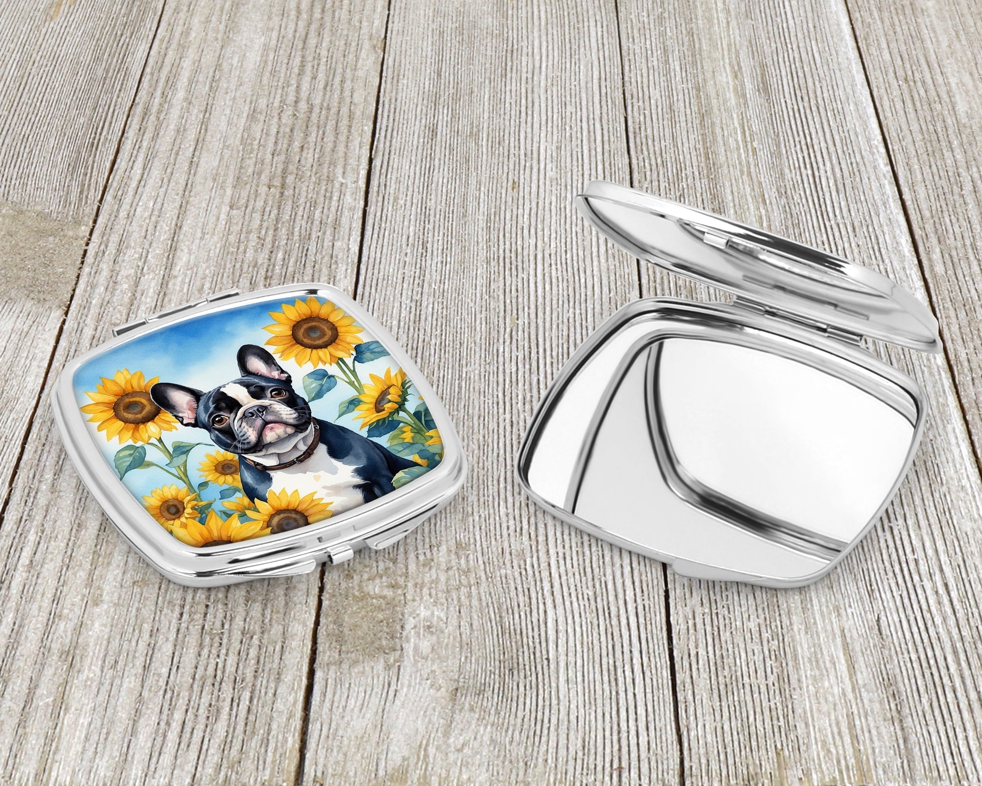 French Bulldog in Sunflowers Compact Mirror Decorative Travel Makeup Mirror for Women Girls Gifts Pocket Makeup Mirror Folding Handheld
