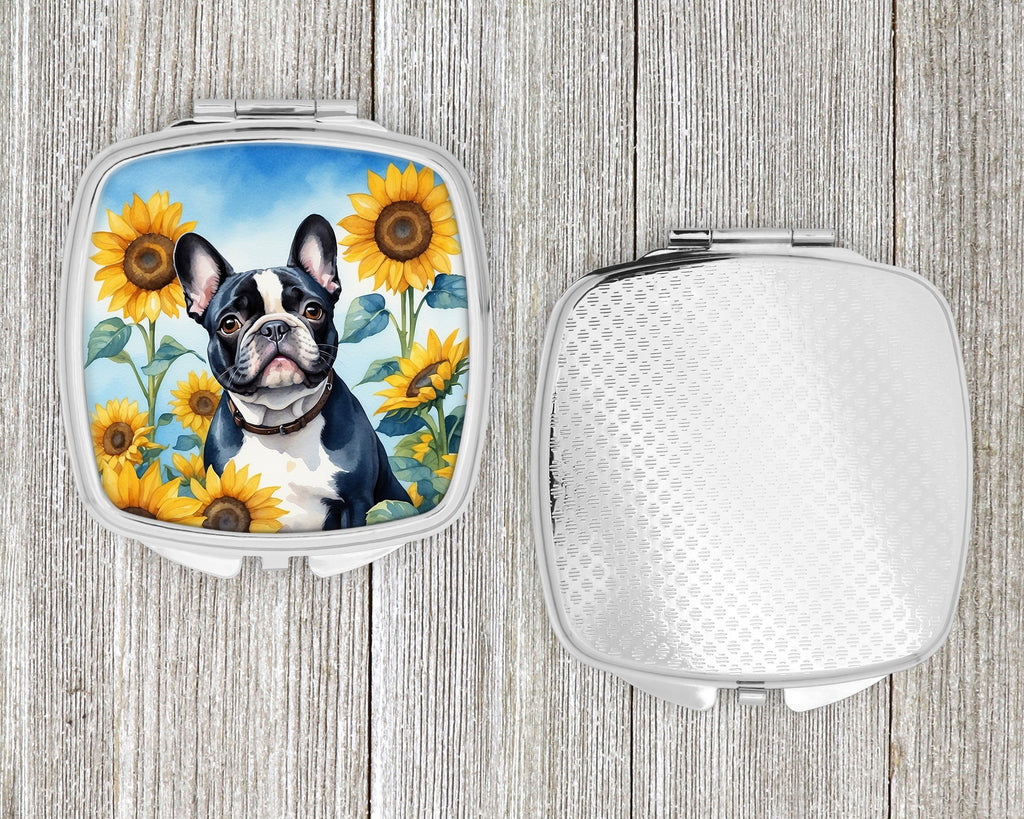 French Bulldog in Sunflowers Compact Mirror Decorative Travel Makeup Mirror for Women Girls Gifts Pocket Makeup Mirror Folding Handheld