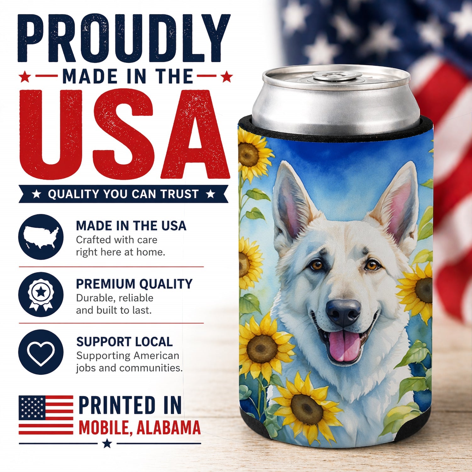 White German Shepherd in Sunflowers Can or Bottle Hugger Cooler Sleeve for Standard 12 oz Cans, Insulated Foam Beer & Soda Can Hugger Reusable