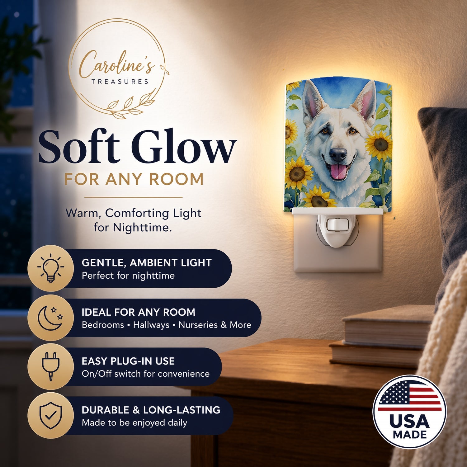 White German Shepherd in Sunflowers Ceramic Night Light Compact, UL-Certified, Ideal for Bedroom, Bathroom, Nursery, Hallway, Kitchen, 6x4x3, Multicolor